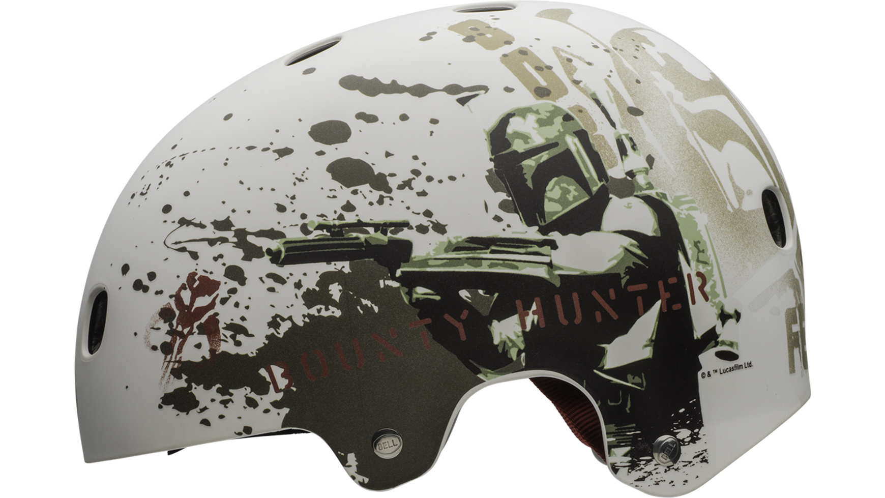 Weißer Helm mit Boba Fett-Design. Grüne und braune Farbspritzer und Text vorhanden.