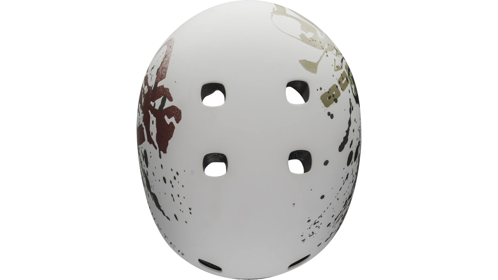 Weißer Helm mit bunten Farbspritzern und Löchern.