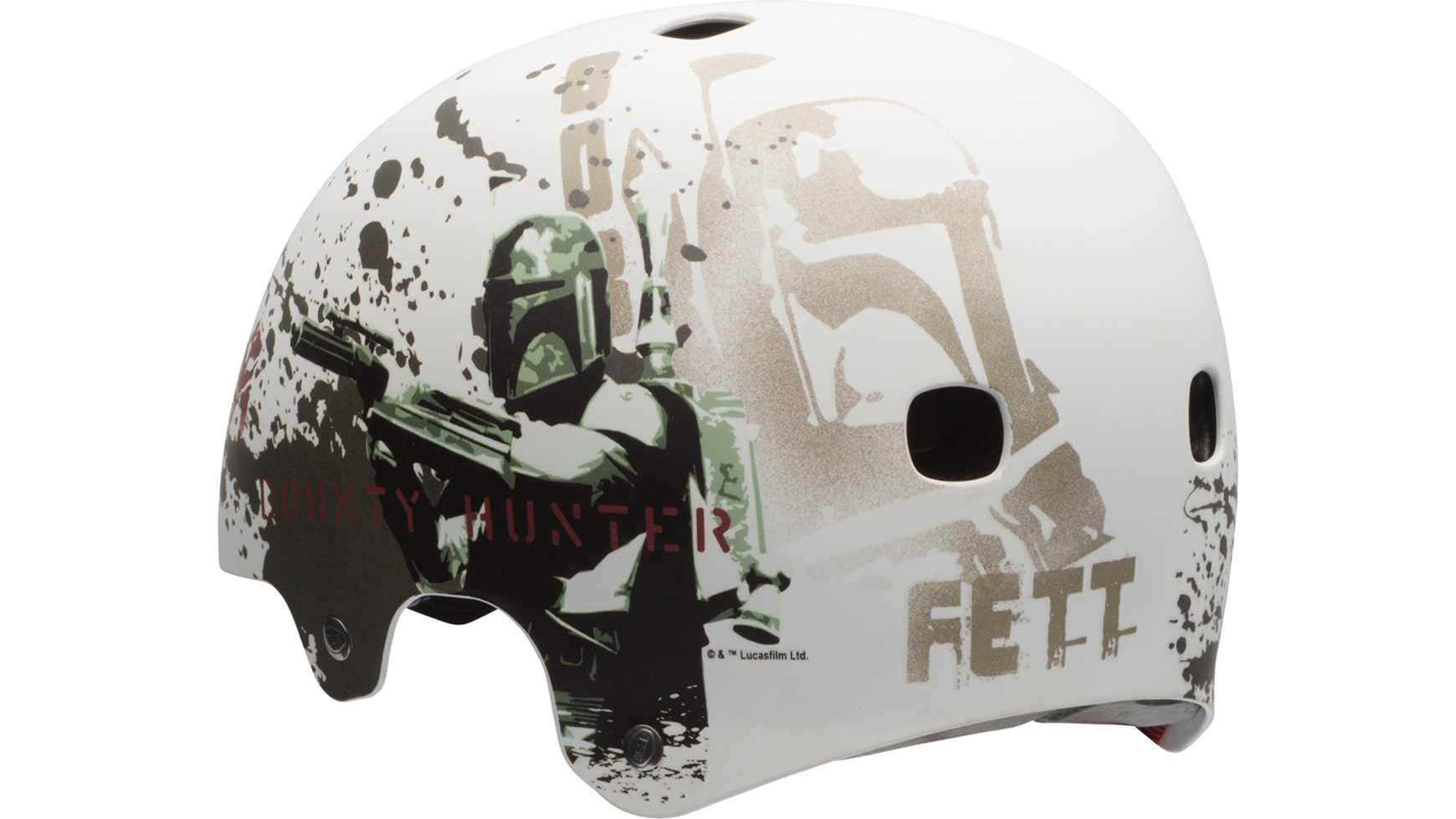 Weißer Star Wars Helm mit Boba Fett Design. Der Helm ist auf weißem Hintergrund.
