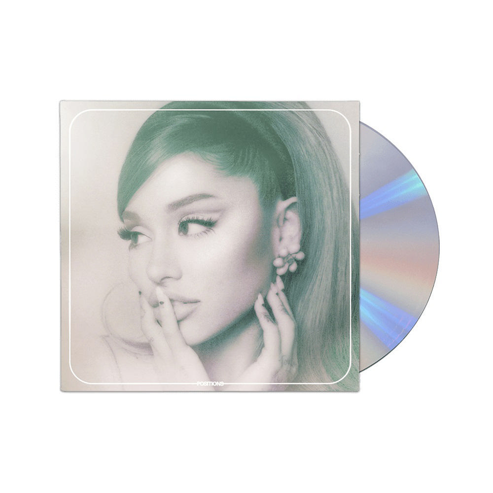 Ariana Grandes 'Positions' CD-Cover mit ihrem Gesicht und eine CD daneben auf weißem Hintergrund.