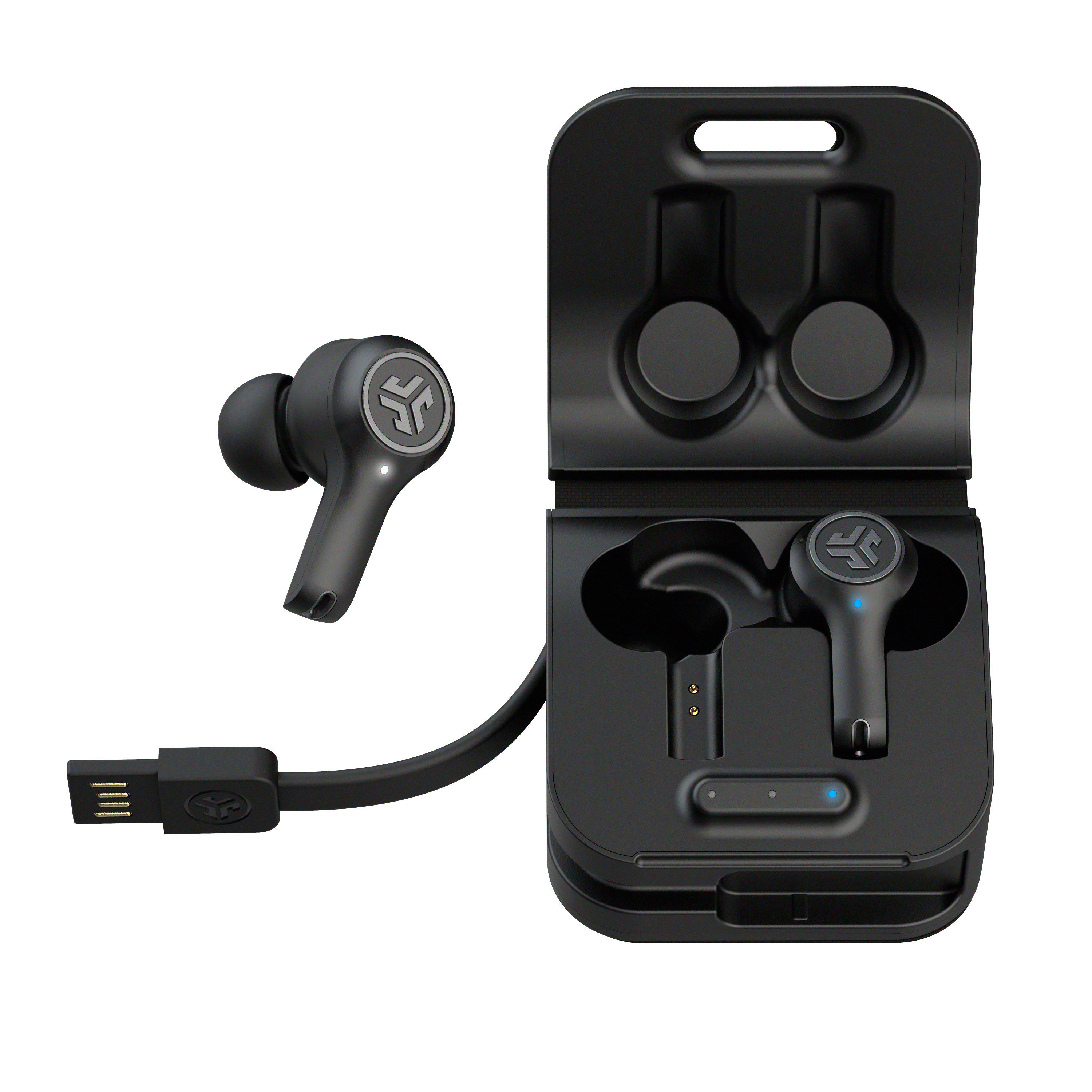 Schwarze JLab-Ohrhörer mit Ladecase und USB-Kabel. Ein Ohrhörer ist separat.