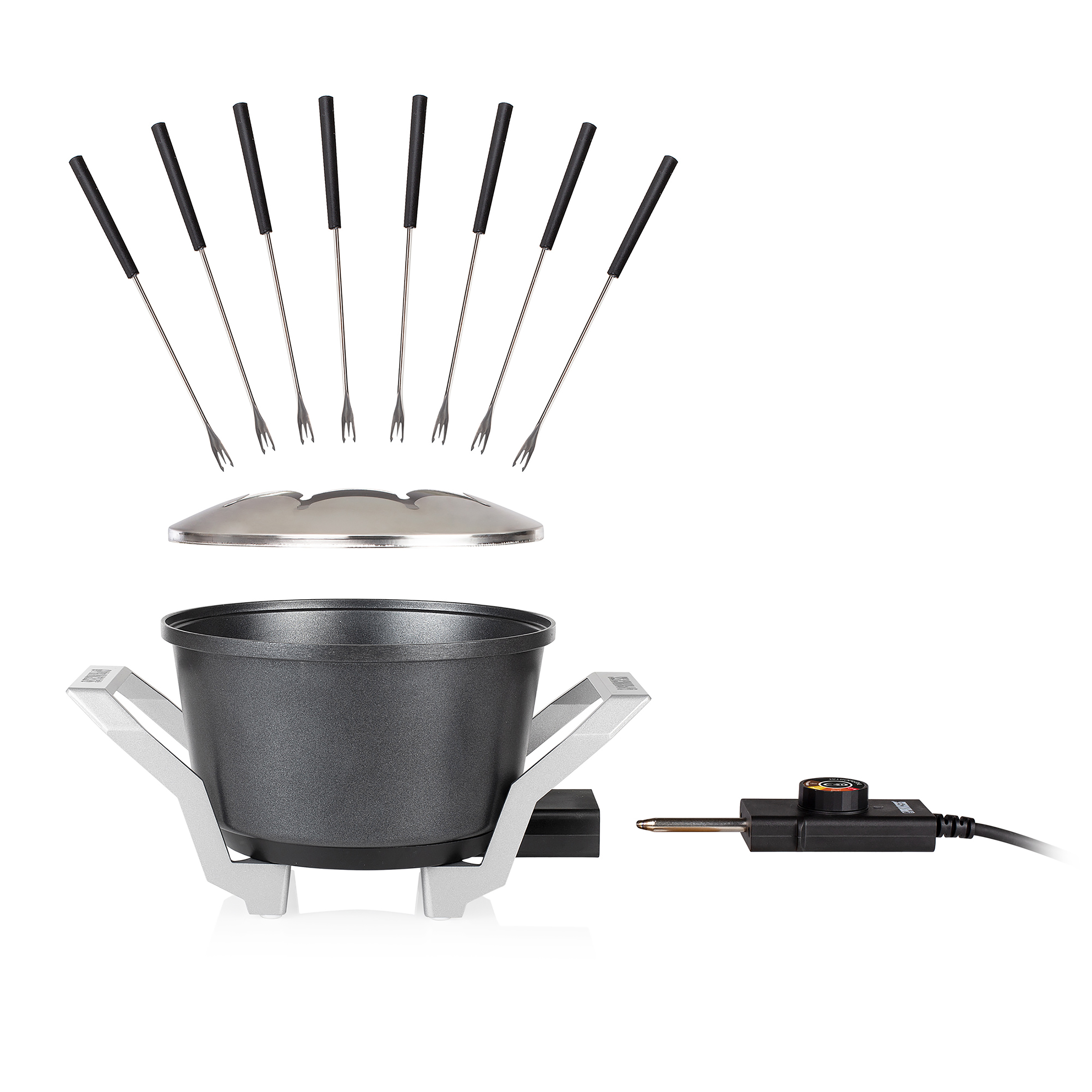 Fondue set with a pot, forks, lid, and stand. The forks are above, pot in the middle.