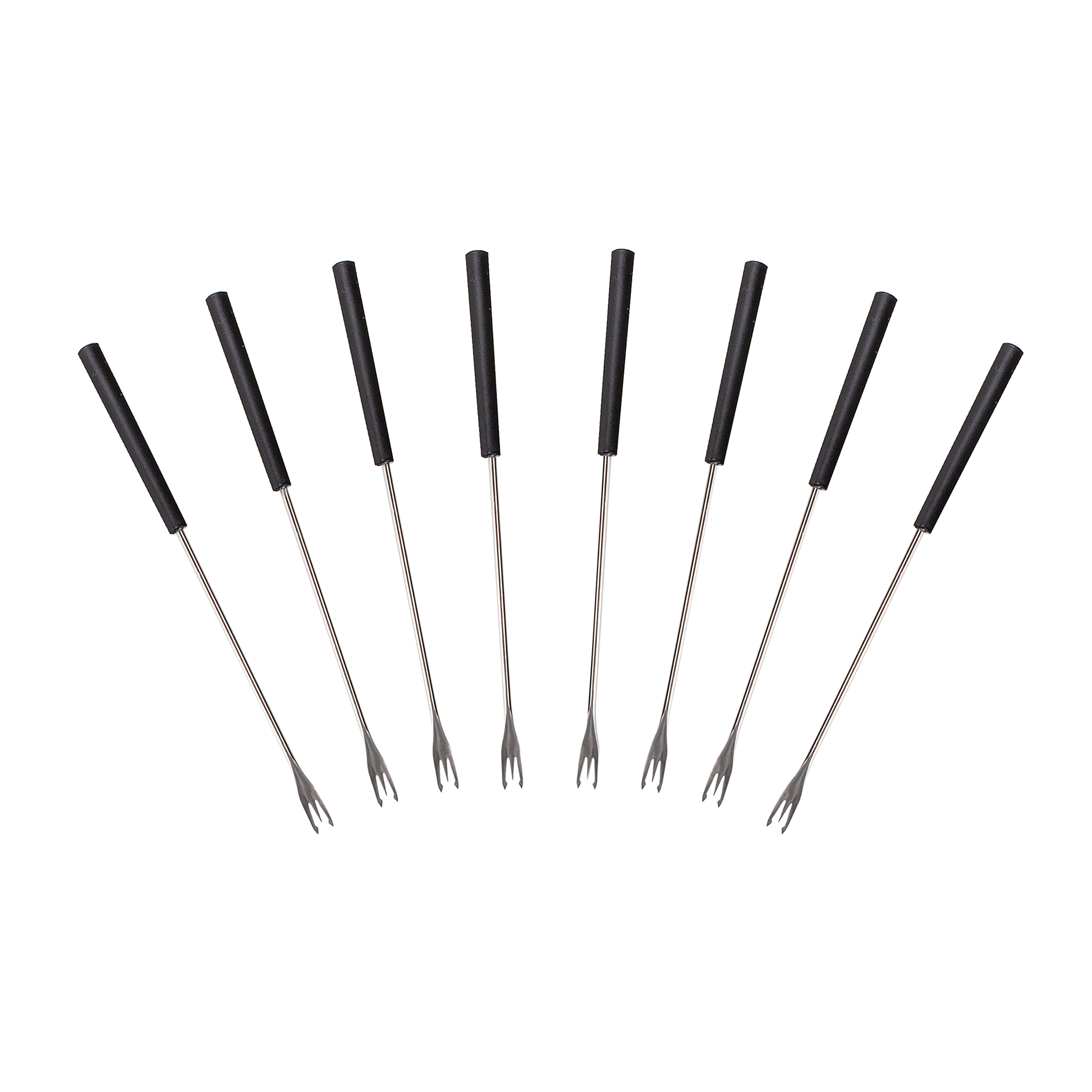 Eight fondue forks with black handles arranged in a semi-circle on a white background.