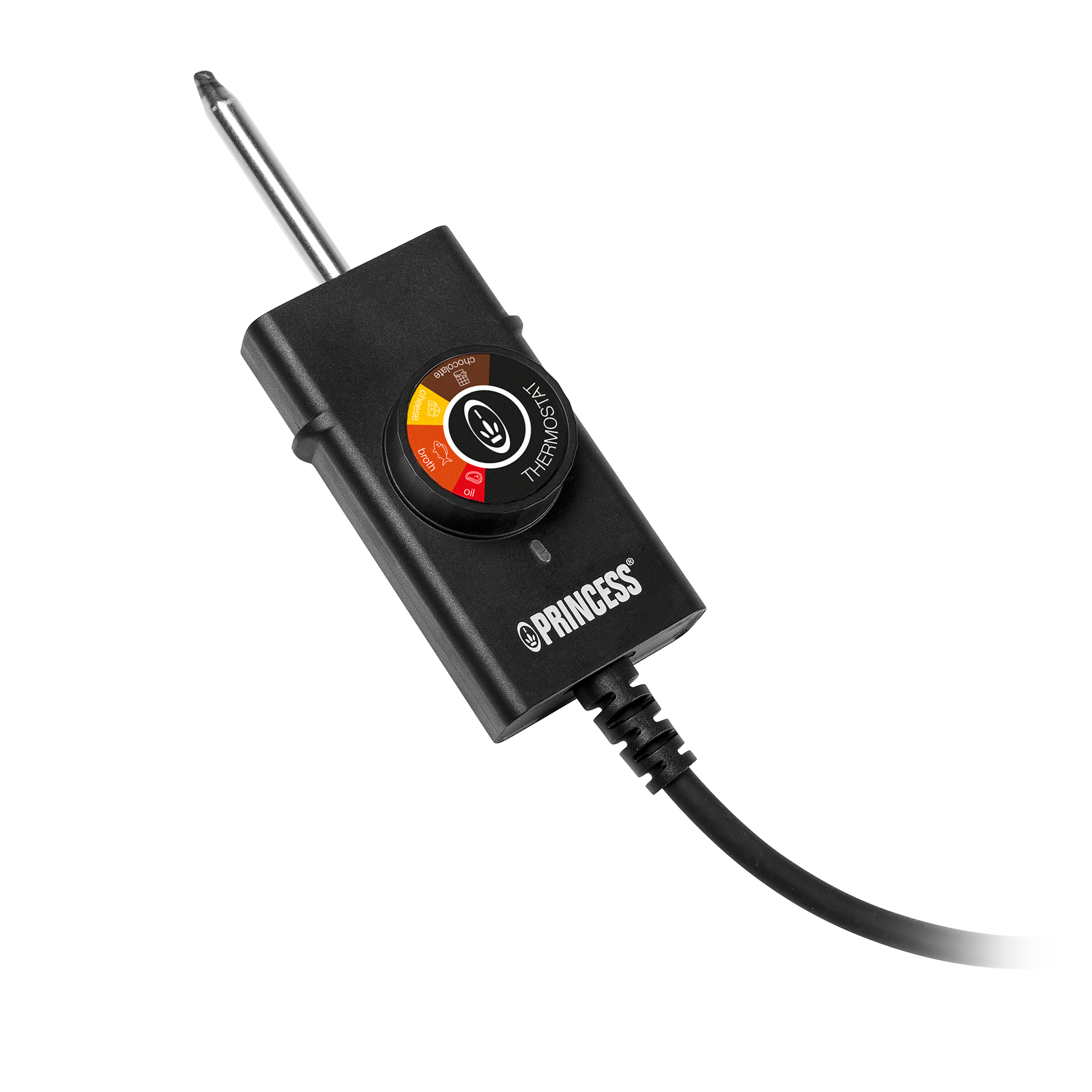 Black Princess thermostat with a dial, temperature indicator, and power cord. White background.