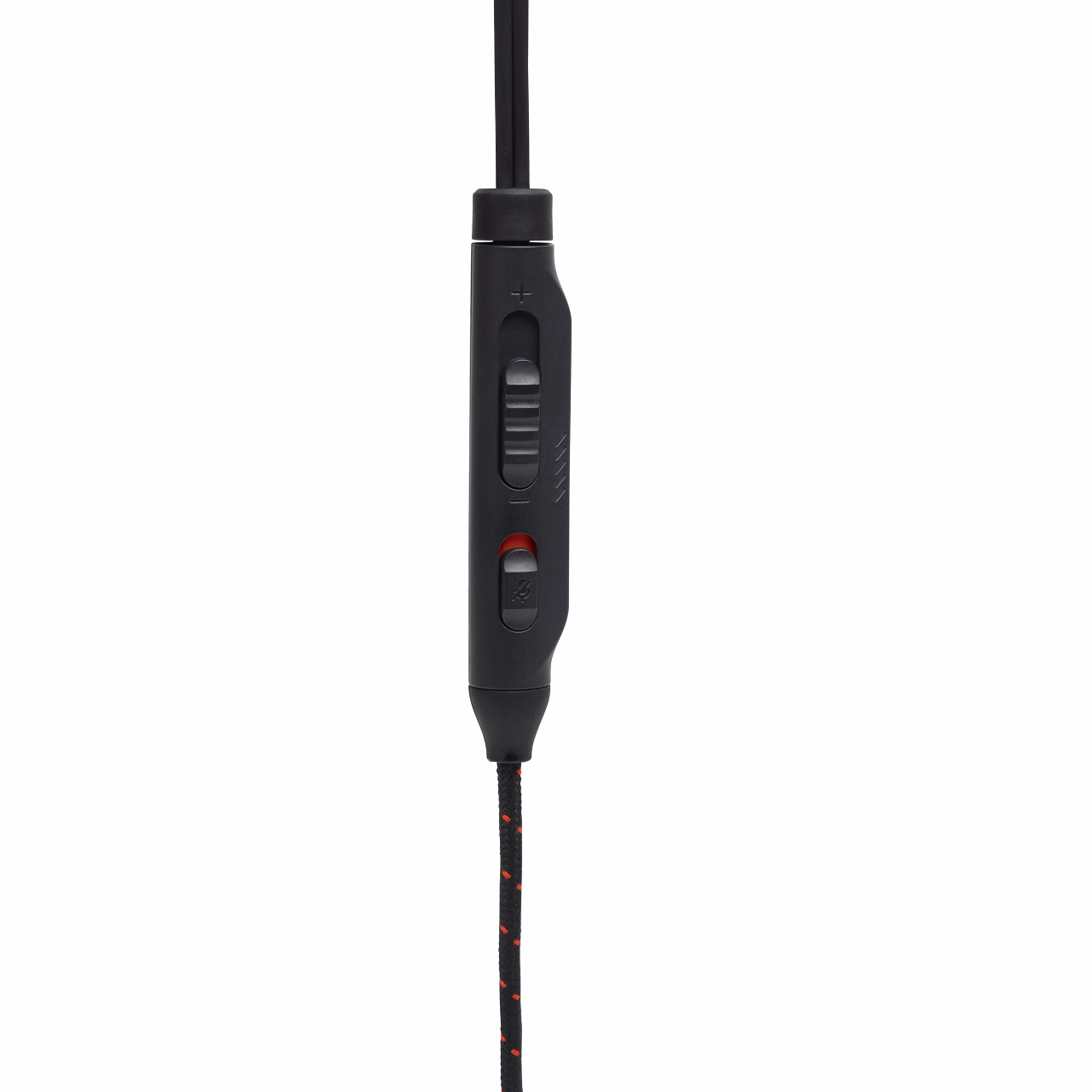 Schwarze Headset-Steuerung. Lautstärkeregler und Stummschalttaste an schwarzem Kabel.