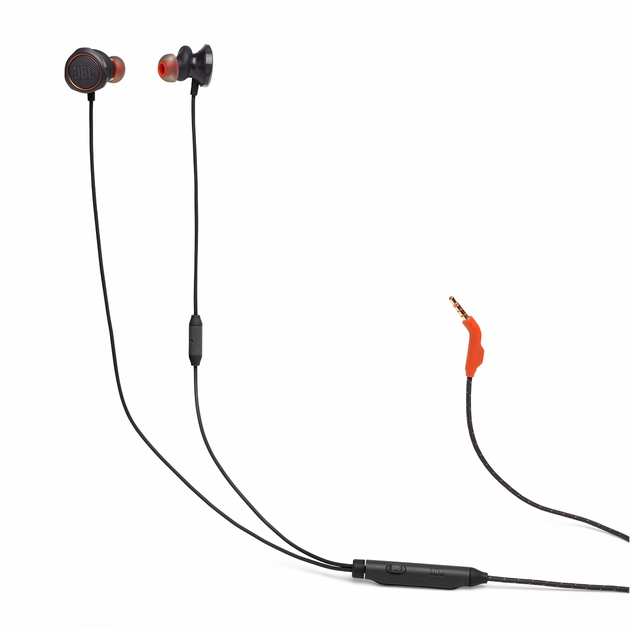 Kopfhörer mit schwarzem Kabel, orangefarbenen Akzenten und 3,5-mm-Klinke.