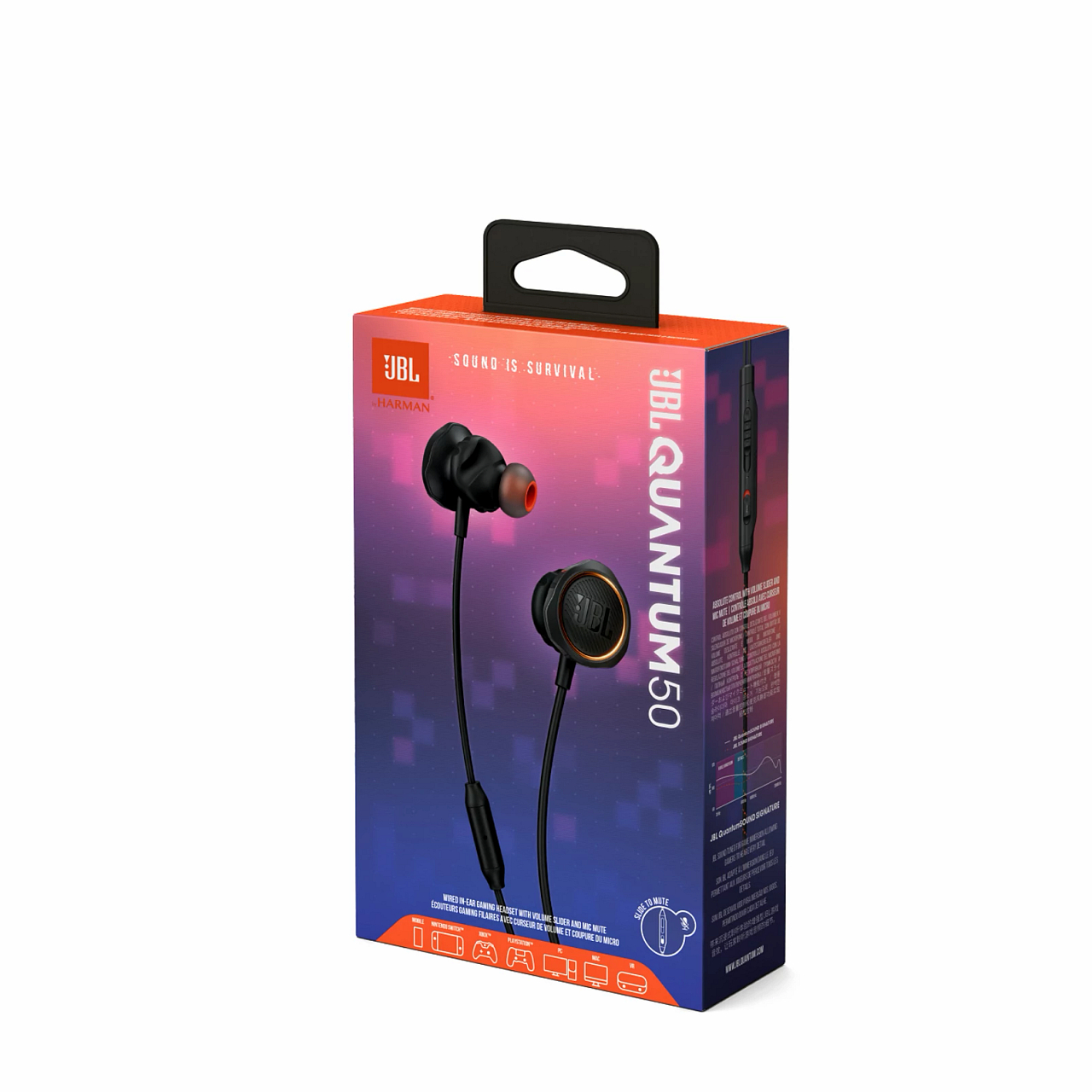 JBL Quantum 50 Ohrhörer in einer Box, orange und schwarz.