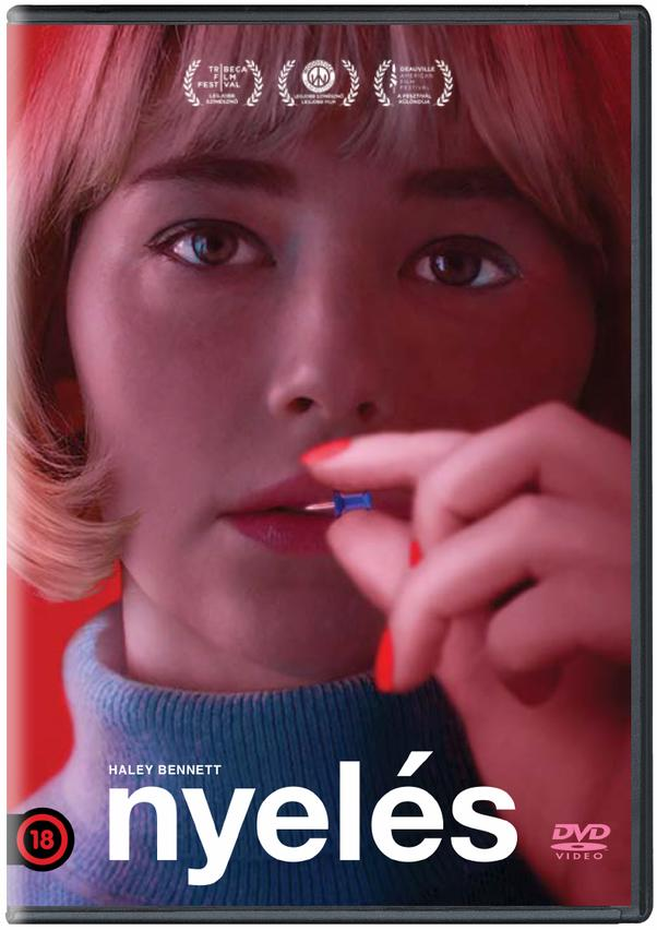 DVD borító. Egy nő kék gombostűt tart a szájában. A 'nyelés' cím alul van.