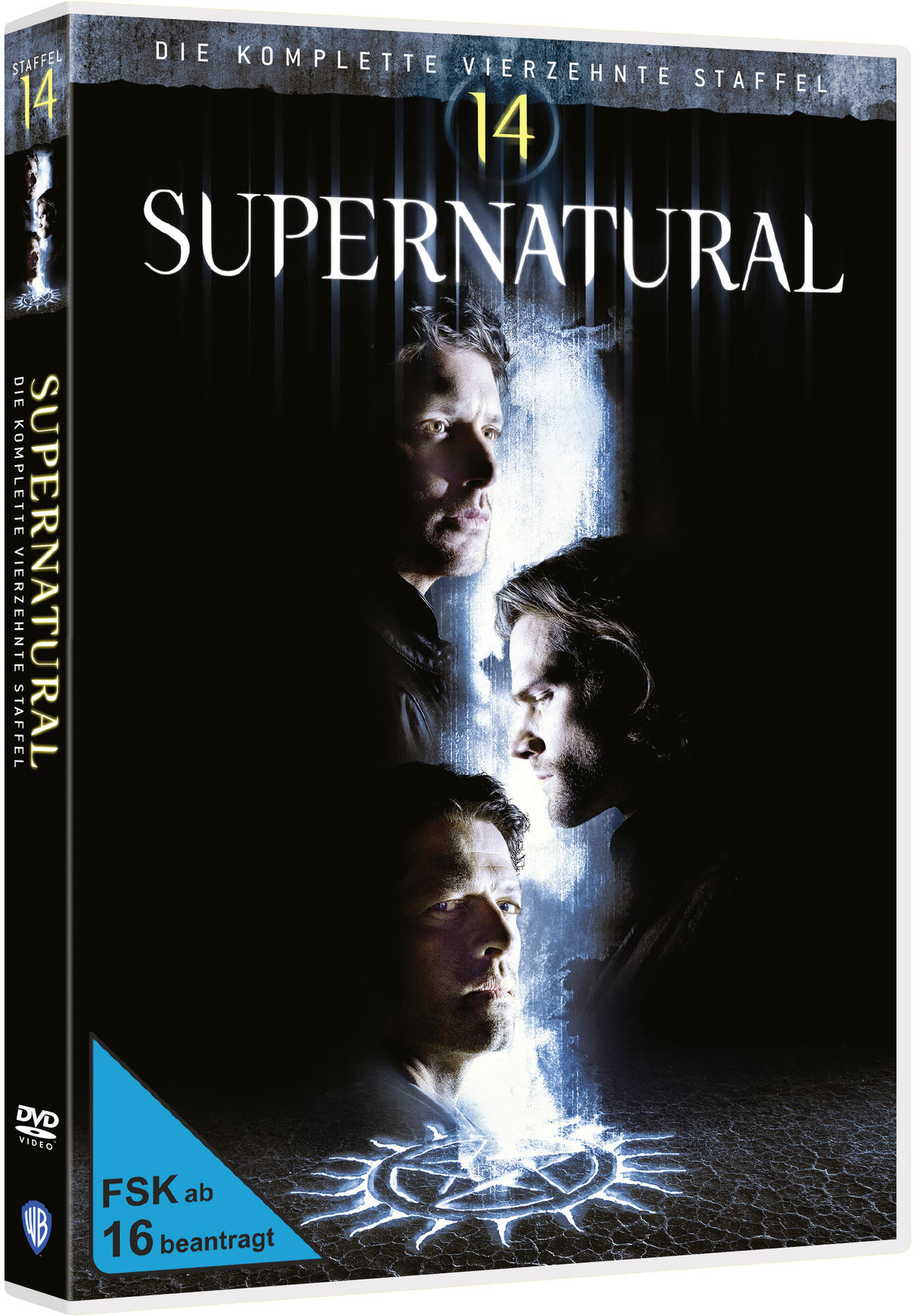 DVD-Hülle von Supernatural Staffel 14 mit den Gesichtern der Schauspieler auf dem Cover.