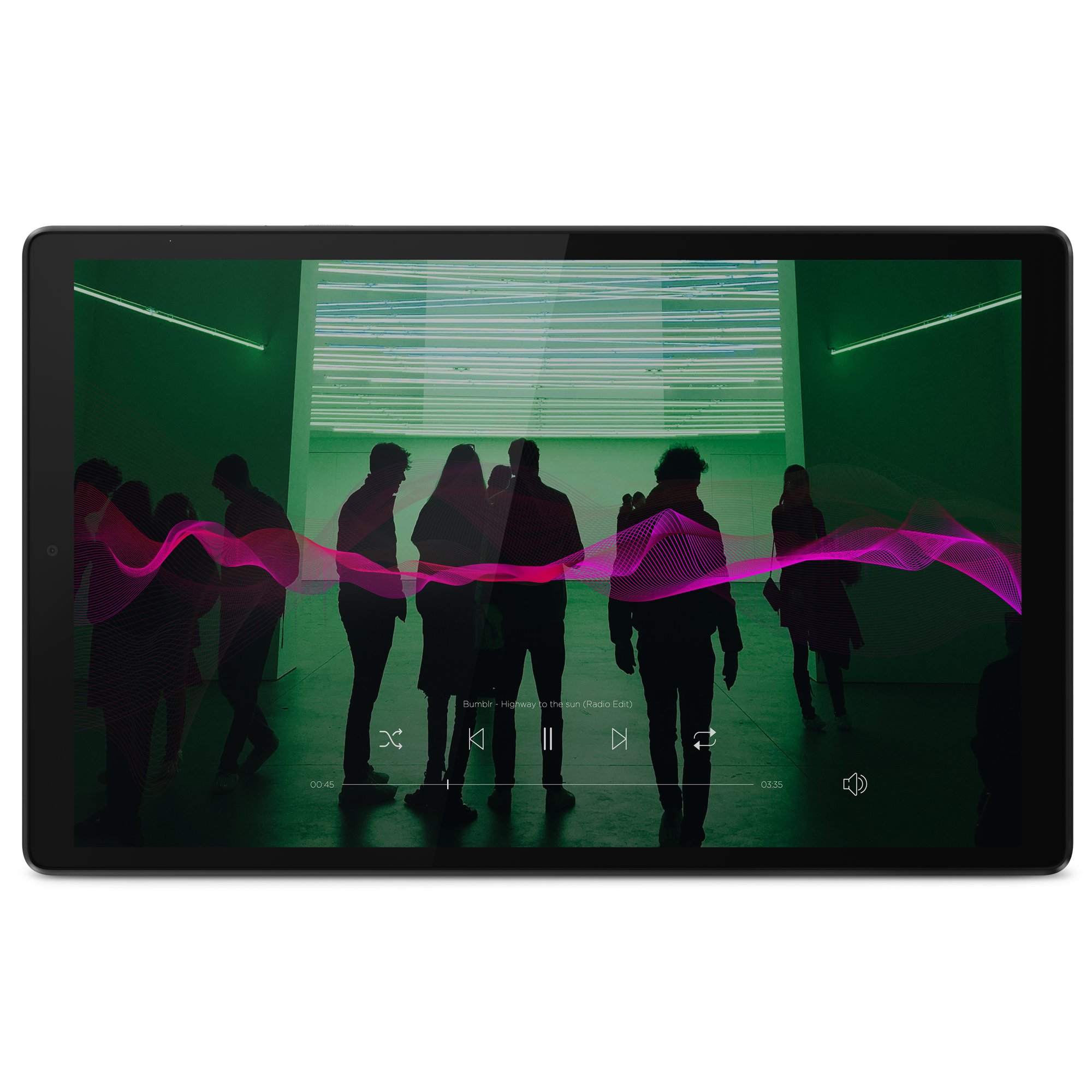 Video oynatan tablet. Arka planda siluet halindeki insanlar, pembe dalgalı bir grafik ile.