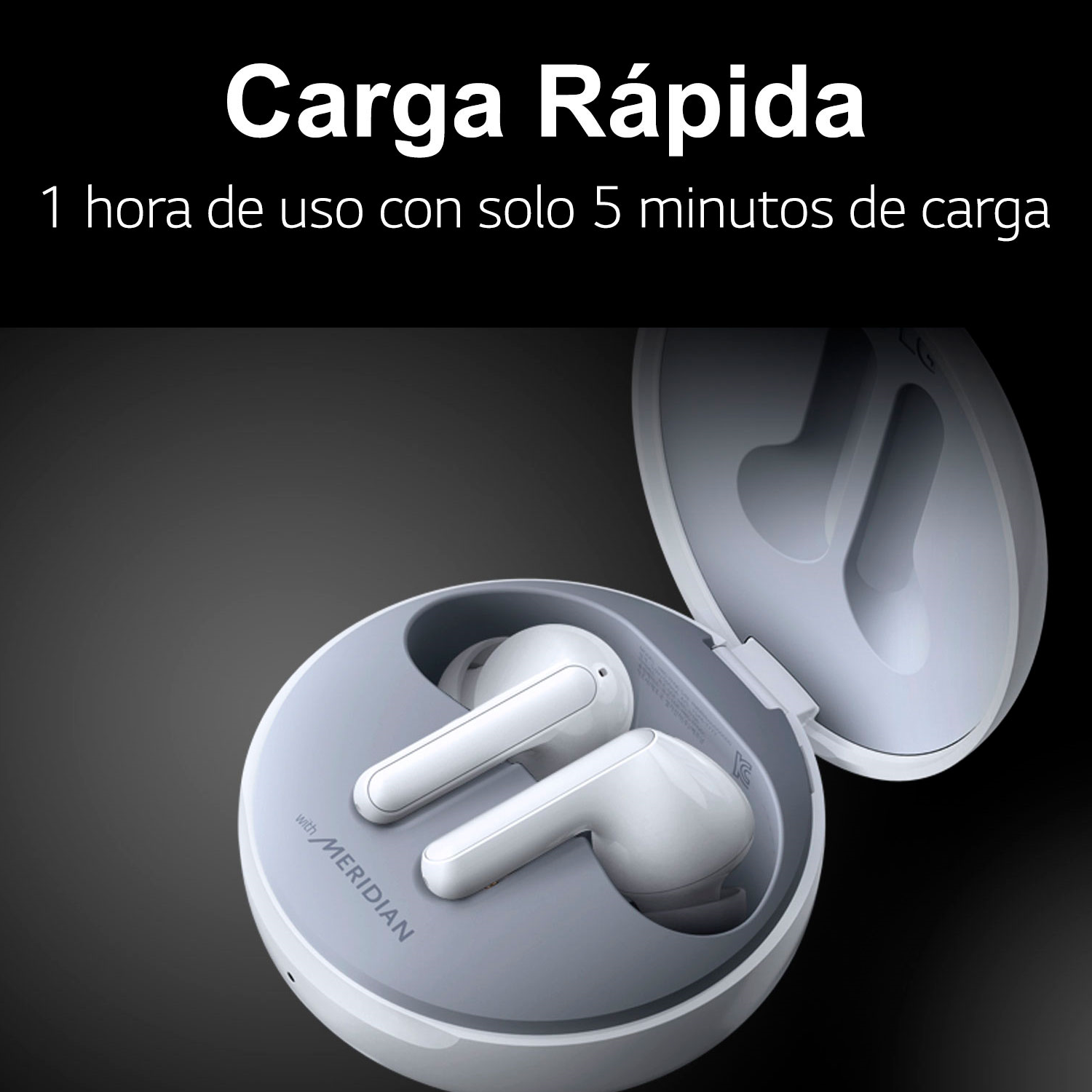 Auriculares blancos en un estuche, con texto sobre carga rápida.