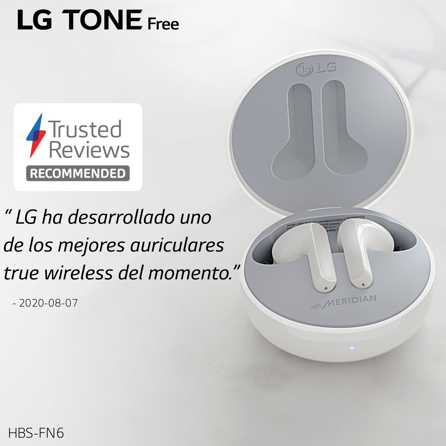 Auriculares LG Tone Free en un estuche de carga, con texto y recomendación de reseña.