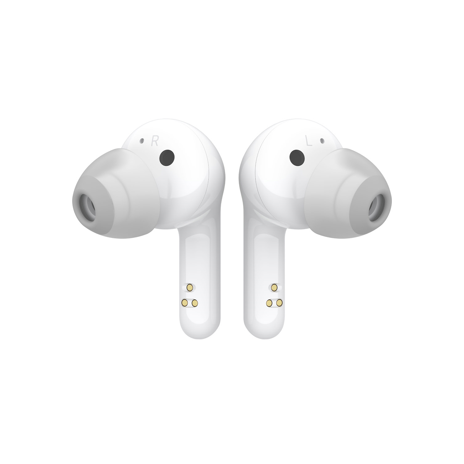 Auriculares inalámbricos blancos. Cada uno tiene un punto negro y un pequeño acento dorado. Aislados.