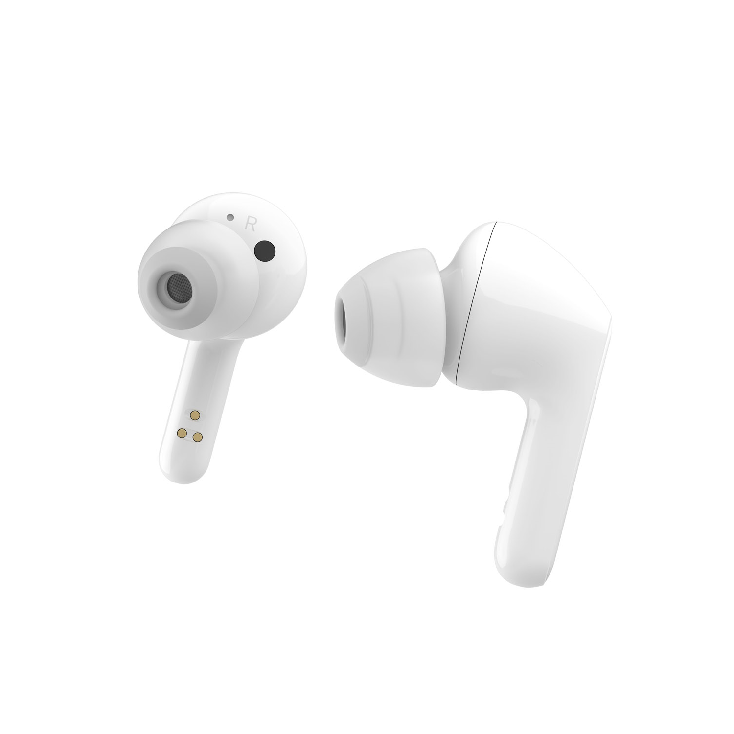 Auriculares inalámbricos blancos, uno con una R, sobre un fondo blanco.