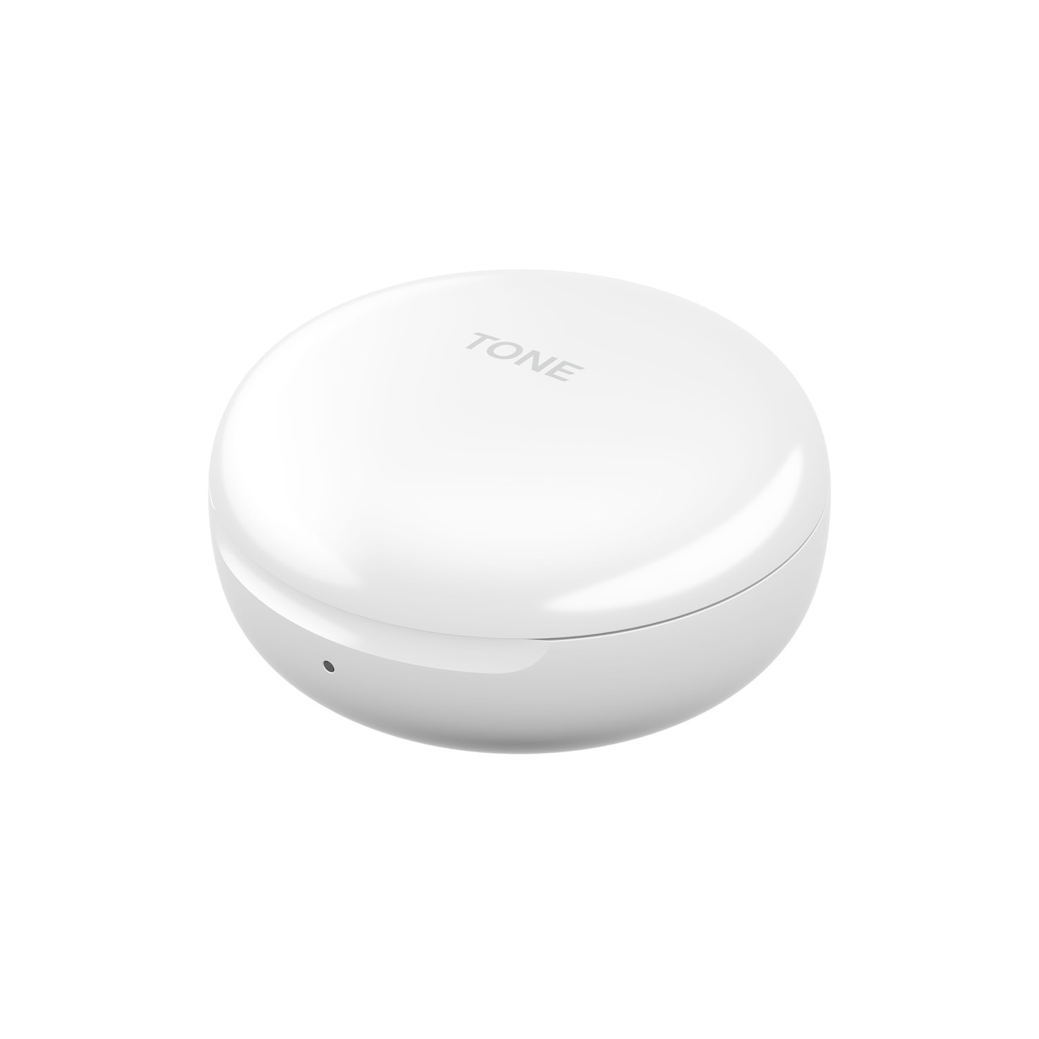 Estuche de carga de auriculares redondeado blanco con un pequeño orificio.