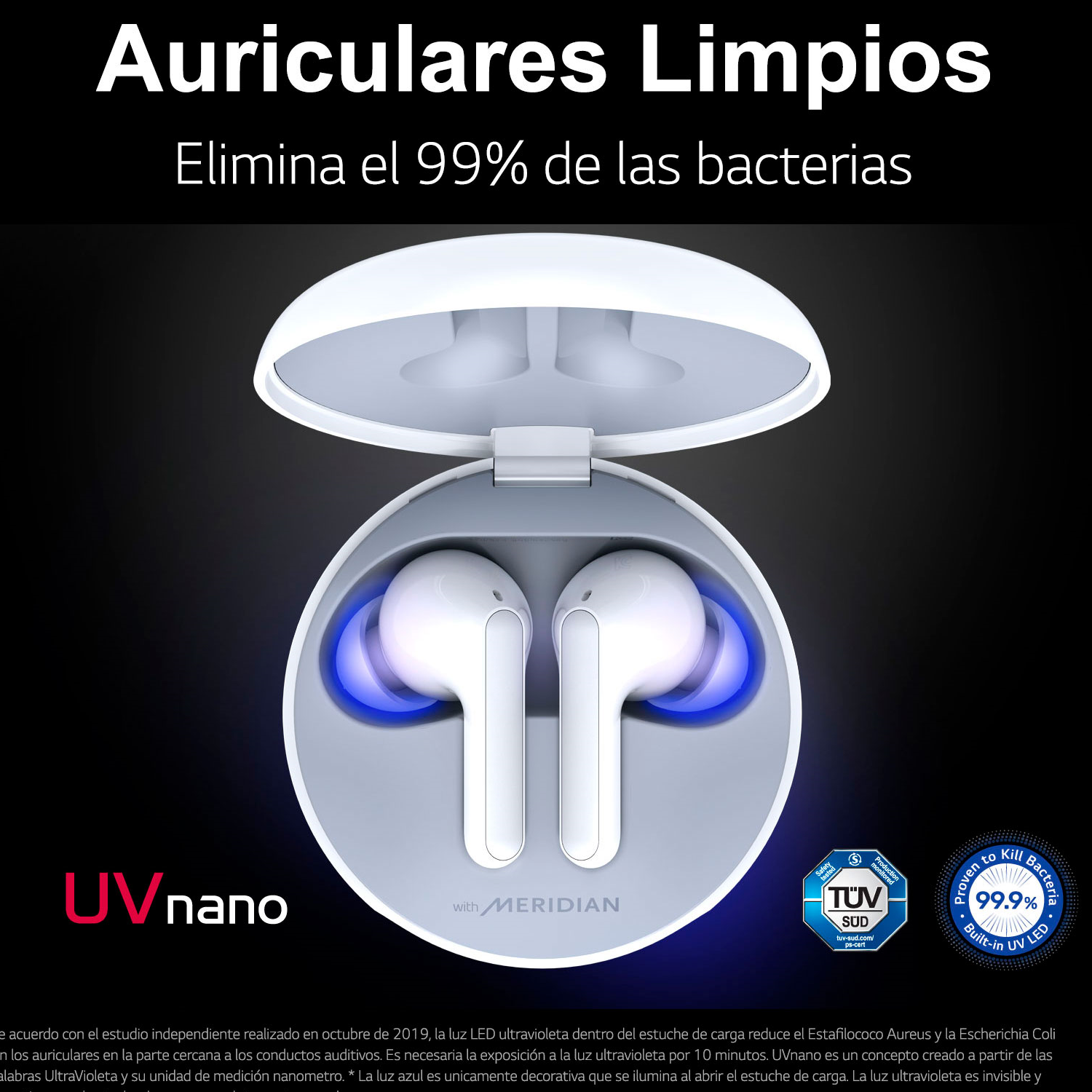 Auriculares en estuche de carga. Estuche blanco, auriculares blancos con detalles azules. Texto: Auriculares limpios. Elimina el 99% de las bacterias.