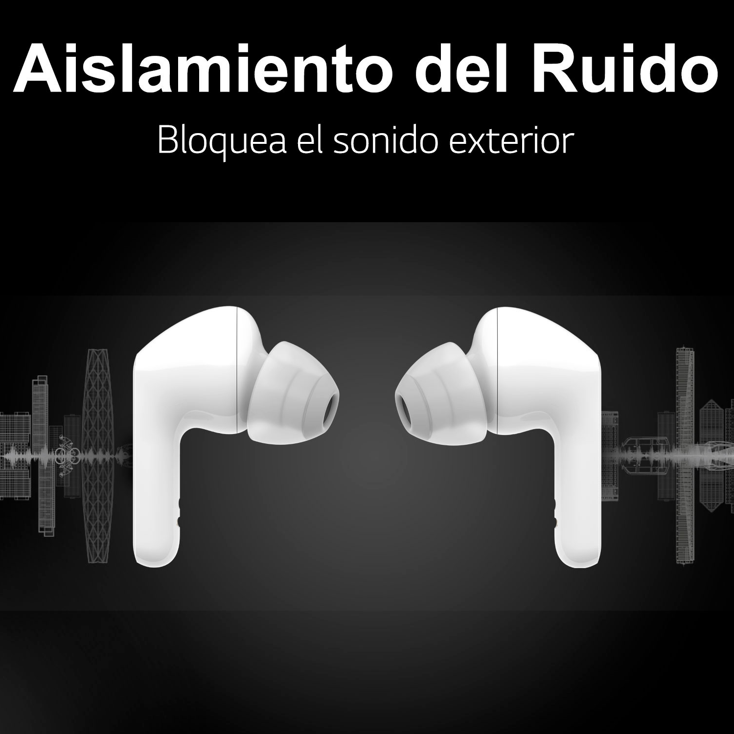 Dos auriculares blancos, con un texto que dice "Aislamiento de ruido".