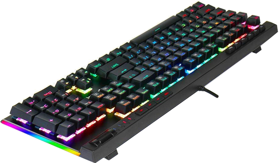 Fekete gamer billentyűzet színes világítással. A billentyűk különböző színekben világítanak.
