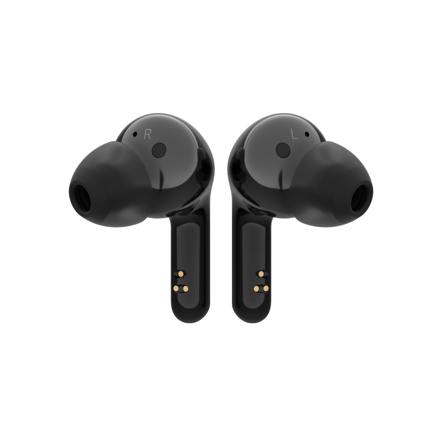 Dos auriculares inalámbricos negros sobre un fondo blanco. Las letras L y R son visibles.