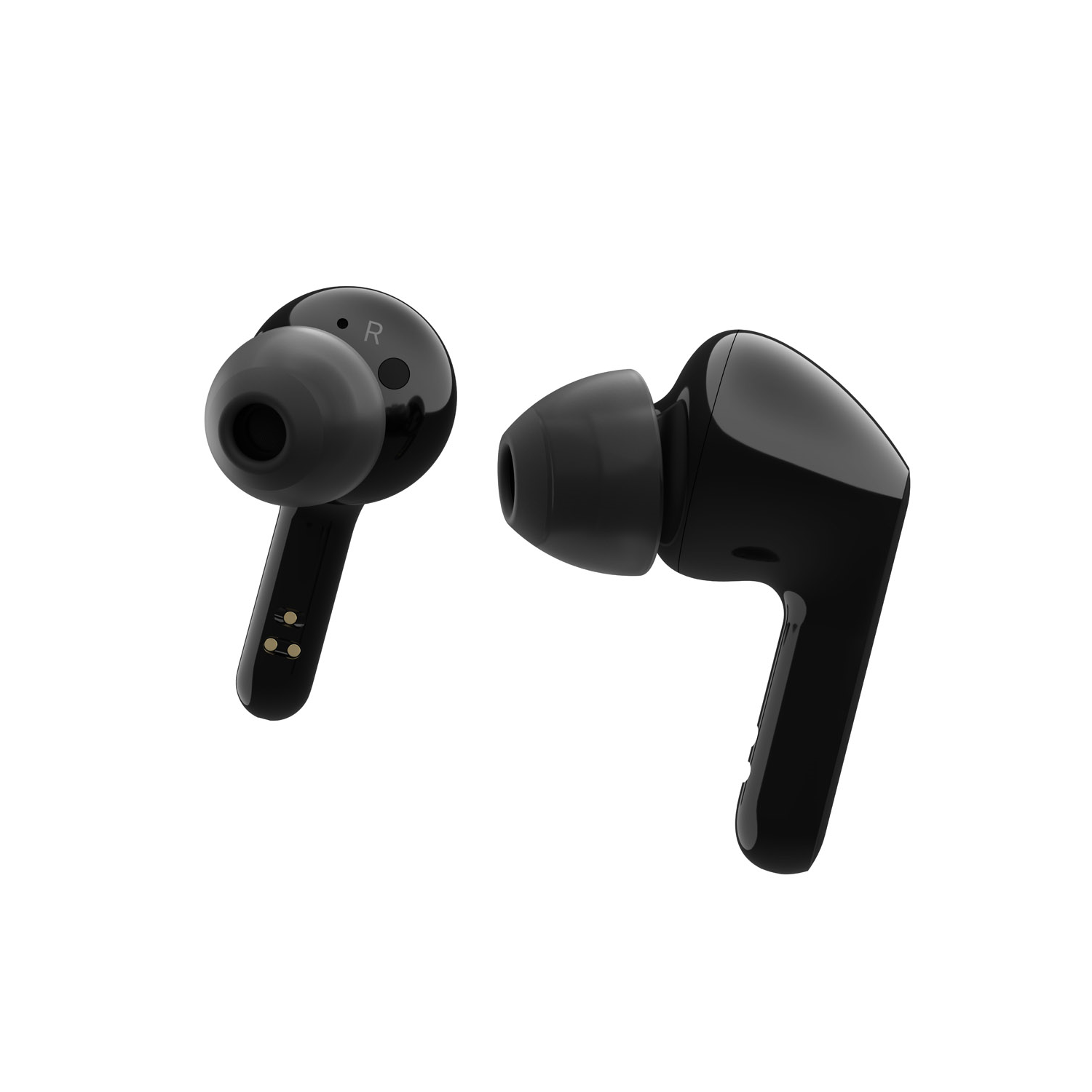 Dos auriculares inalámbricos negros sobre un fondo blanco.