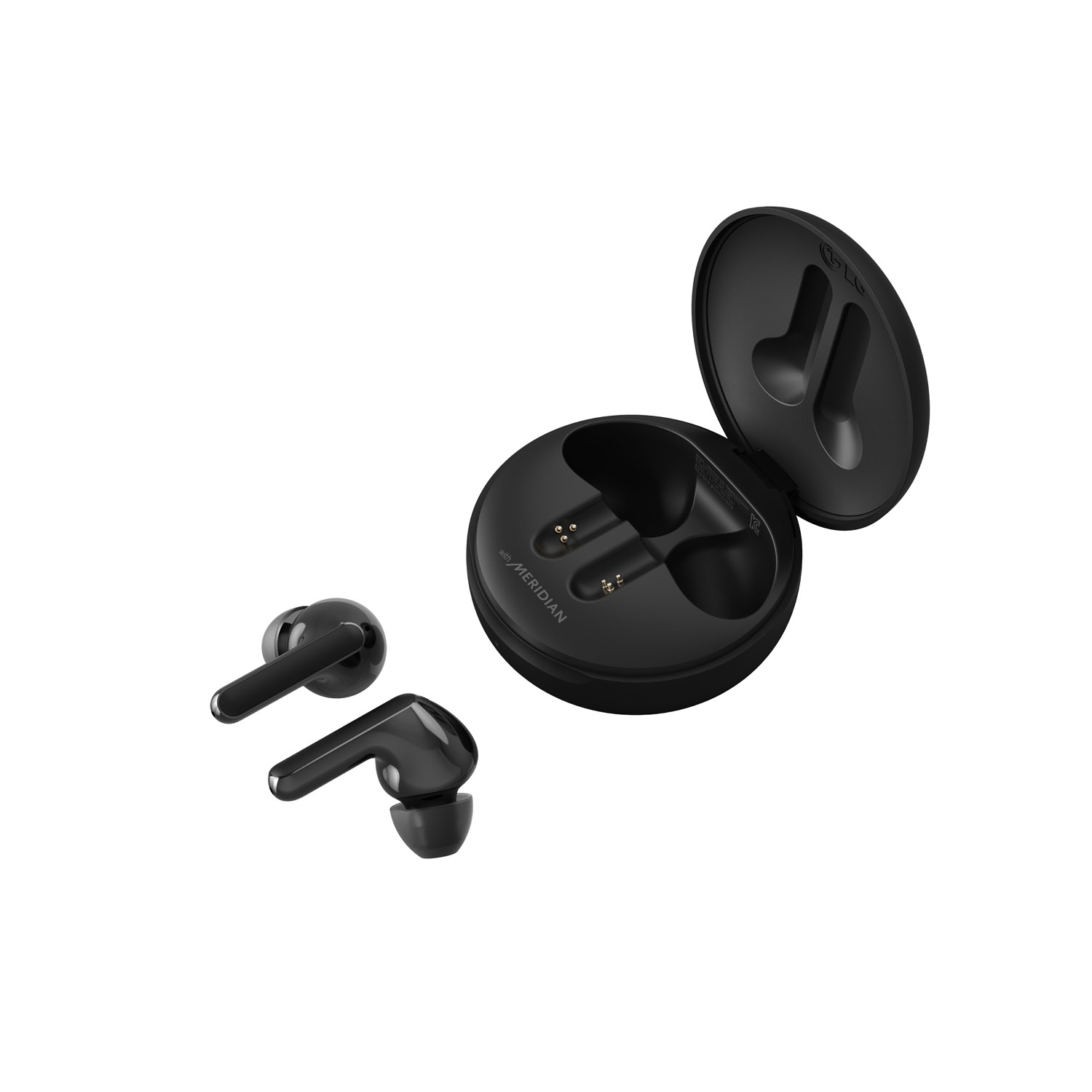 Juego de auriculares negros con estuche de carga y dos auriculares, sobre fondo blanco.