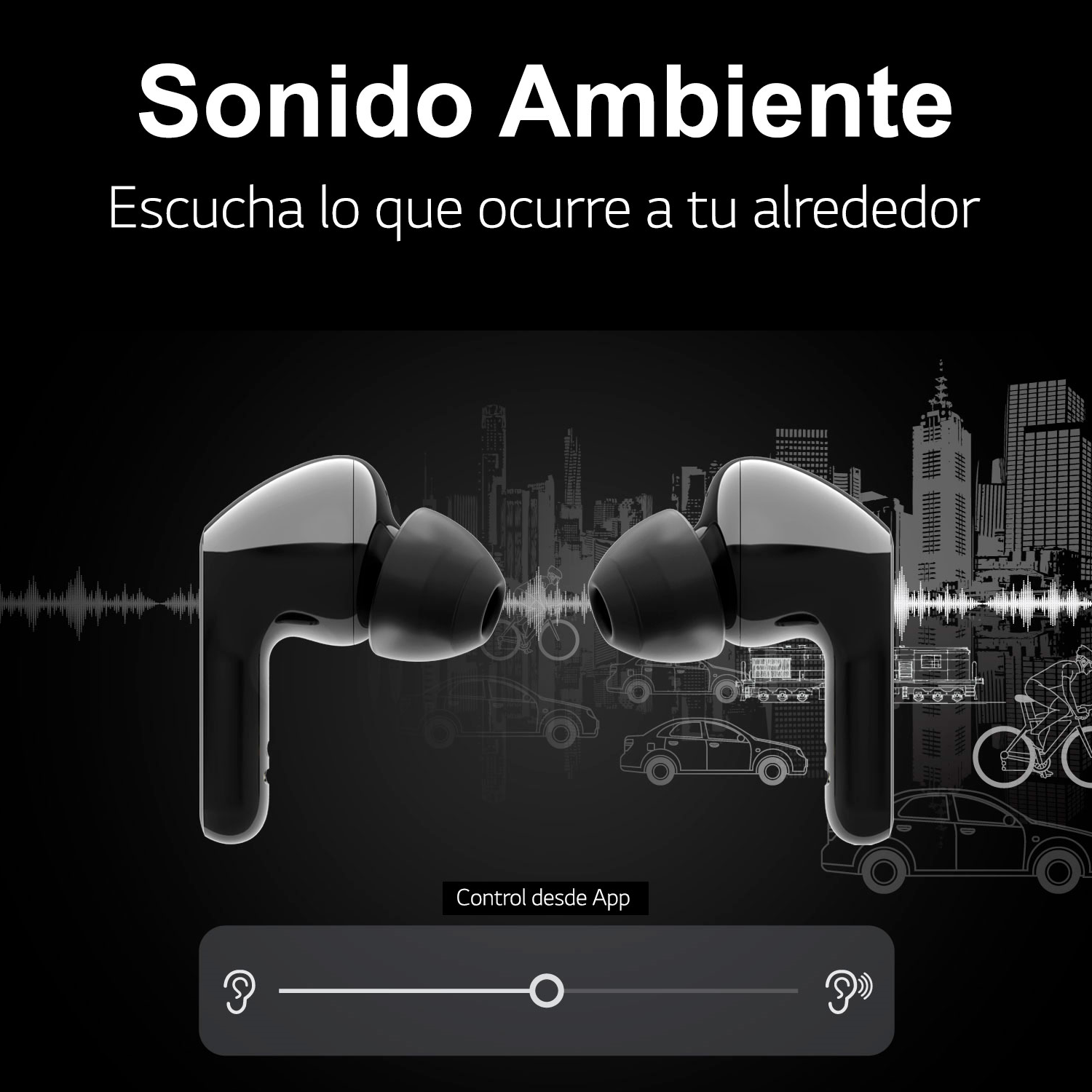 Auriculares inalámbricos negros con ilustración de onda sonora y fondo de paisaje urbano.