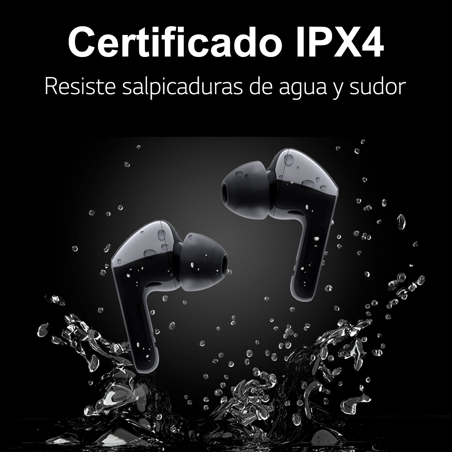 Auriculares negros con gotas de agua, efecto de salpicaduras y texto en español que dice certificado IPX4.
