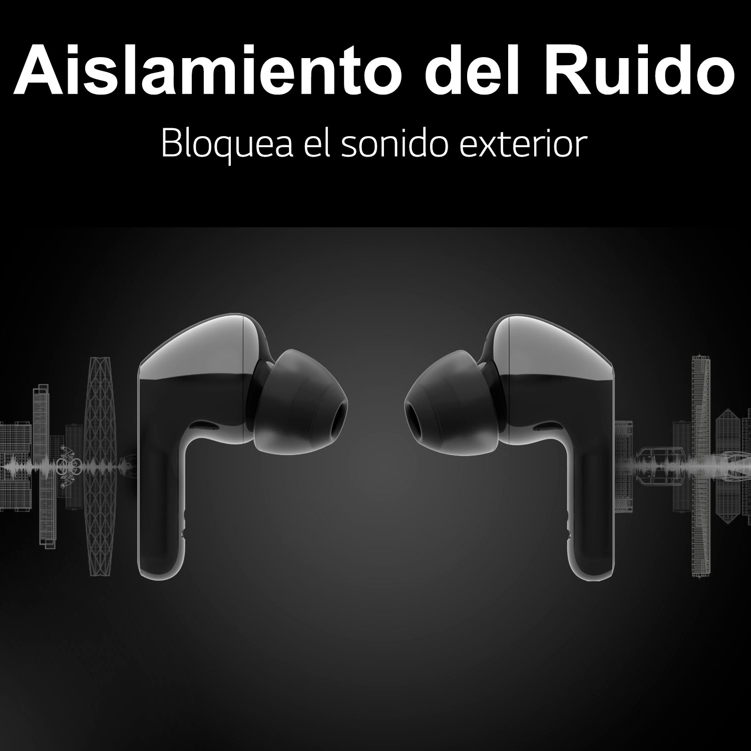 Par de auriculares negros, con gráfico de ondas de sonido. Texto: 'Aislamiento del Ruido'.