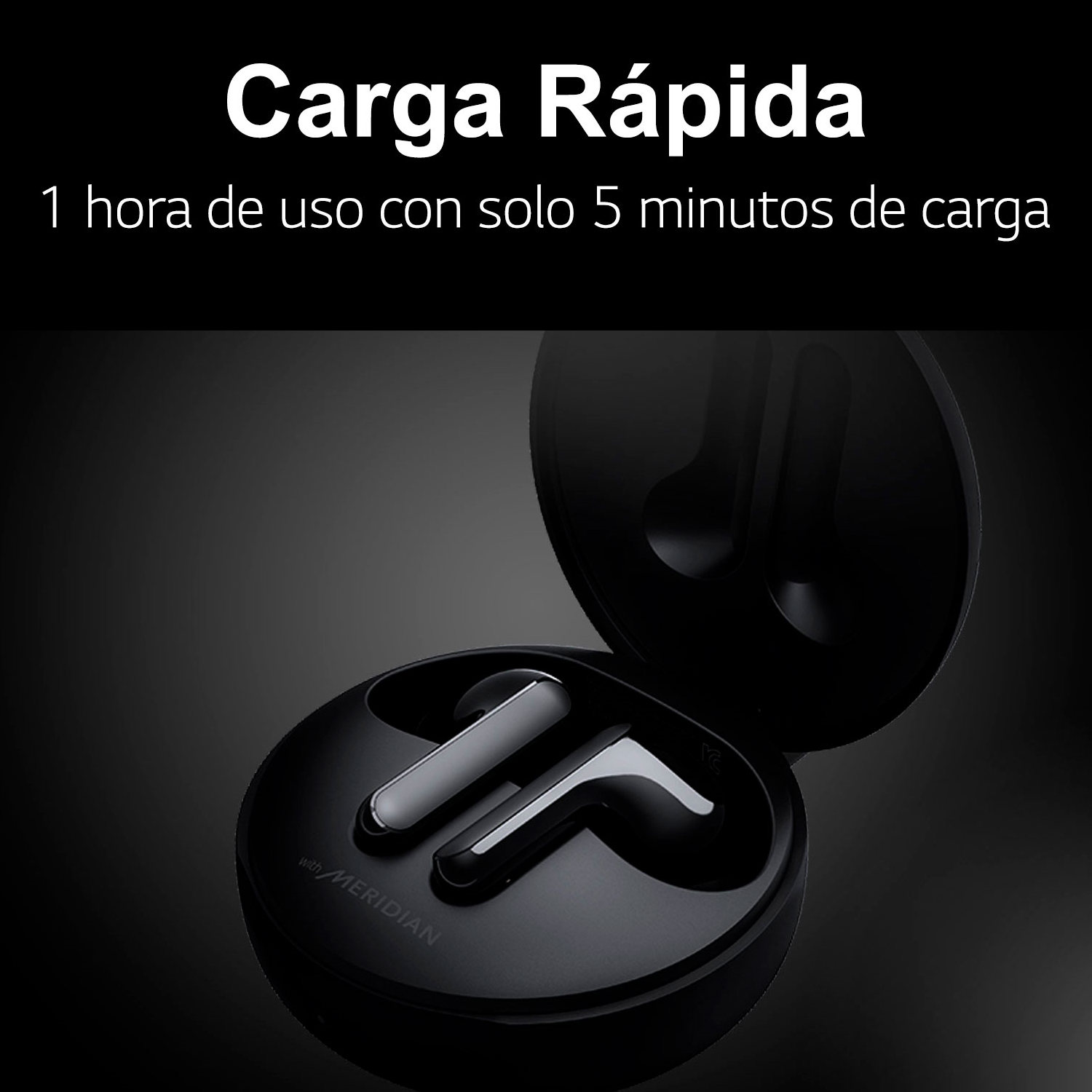 Funda negra para auriculares con texto "Carga Rápida" y algo de texto.
