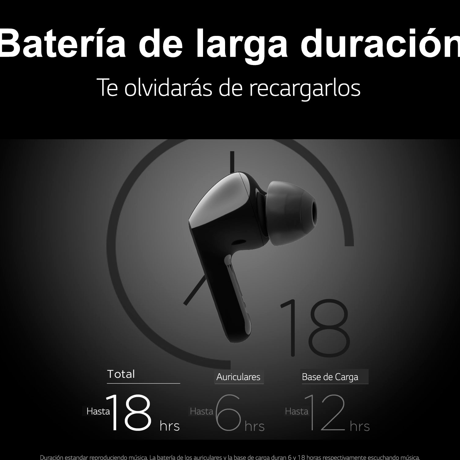 Auriculares negros con estuche de carga, texto blanco sobre fondo negro mostrando el tiempo de uso.