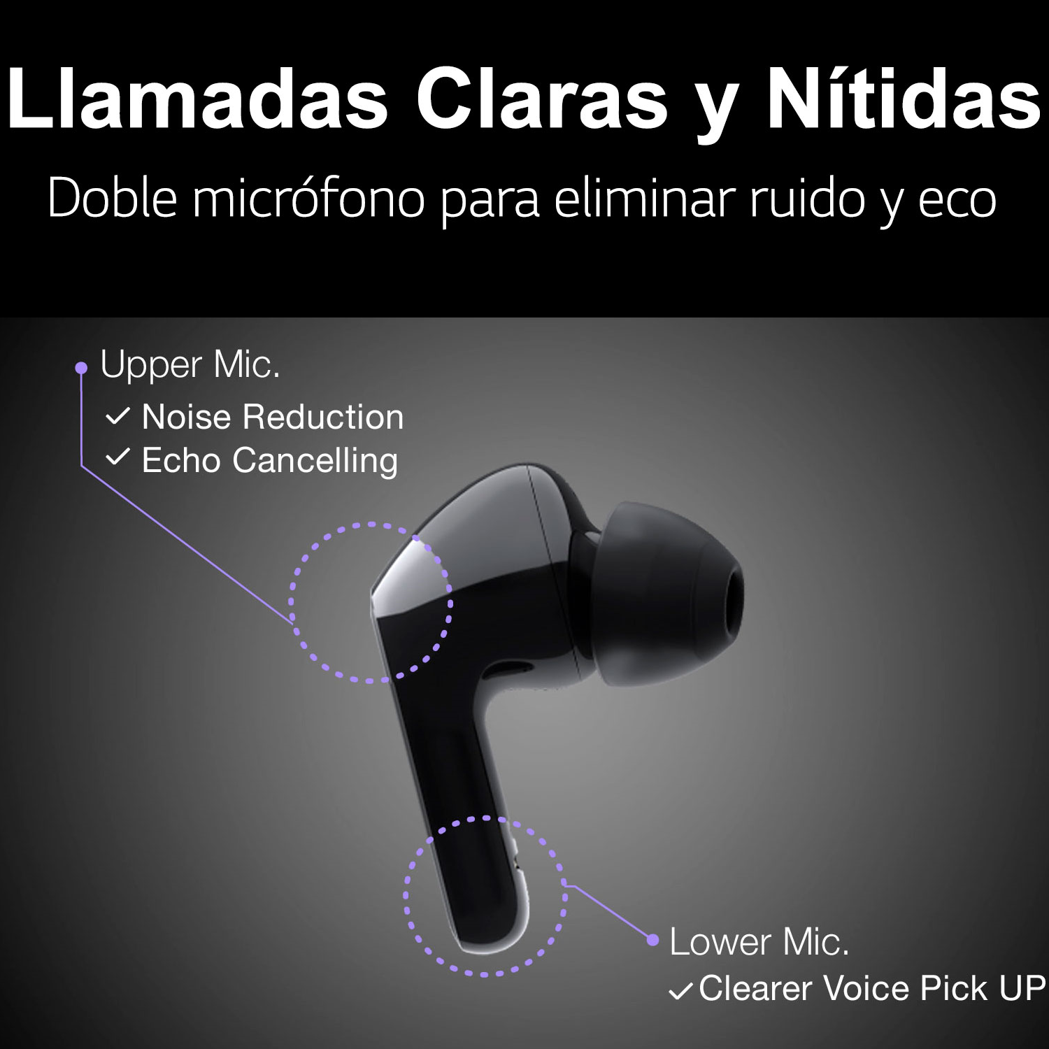 Primer plano de auriculares azules con una 'R' en la oreja.