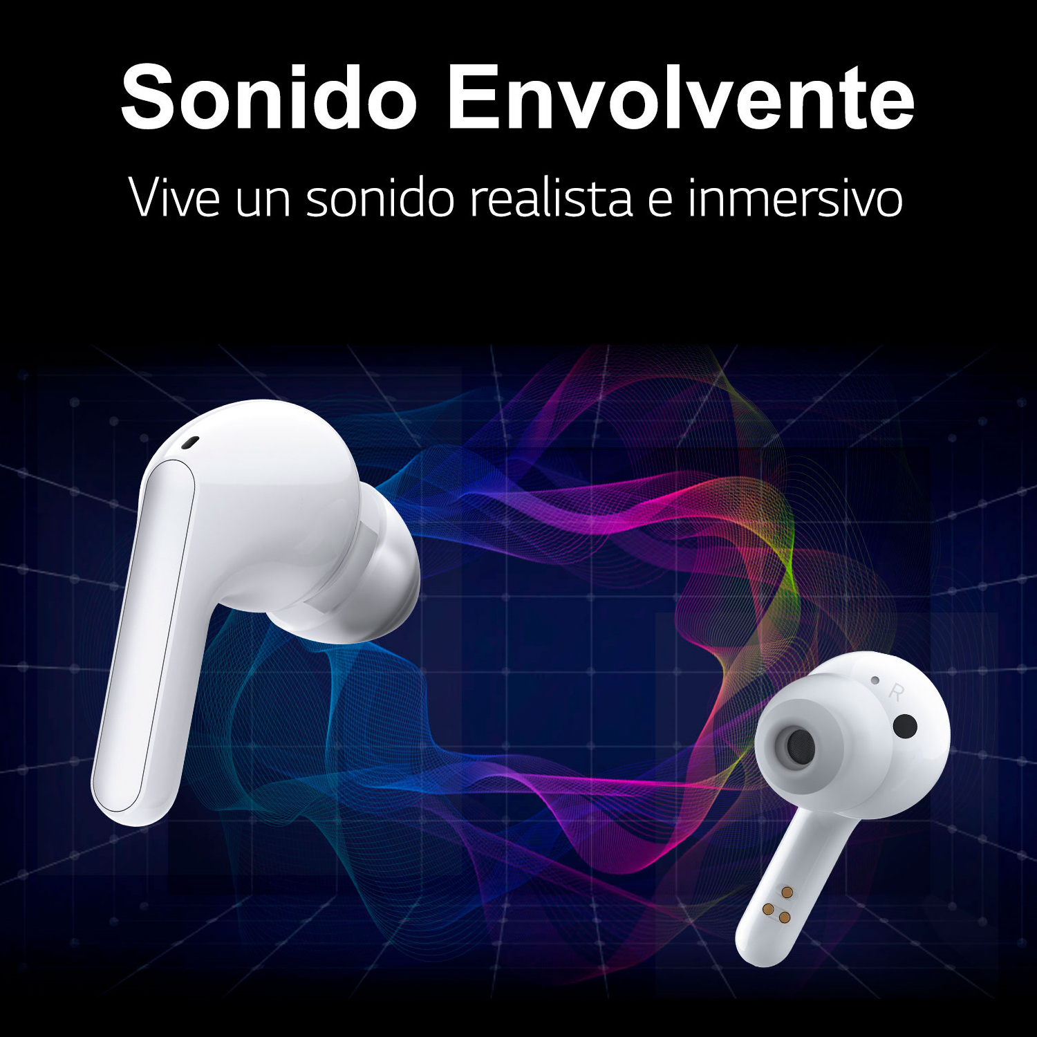 Auriculares blancos con texto: Sonido Envolvente. Un fondo colorido en forma de onda en azul oscuro.