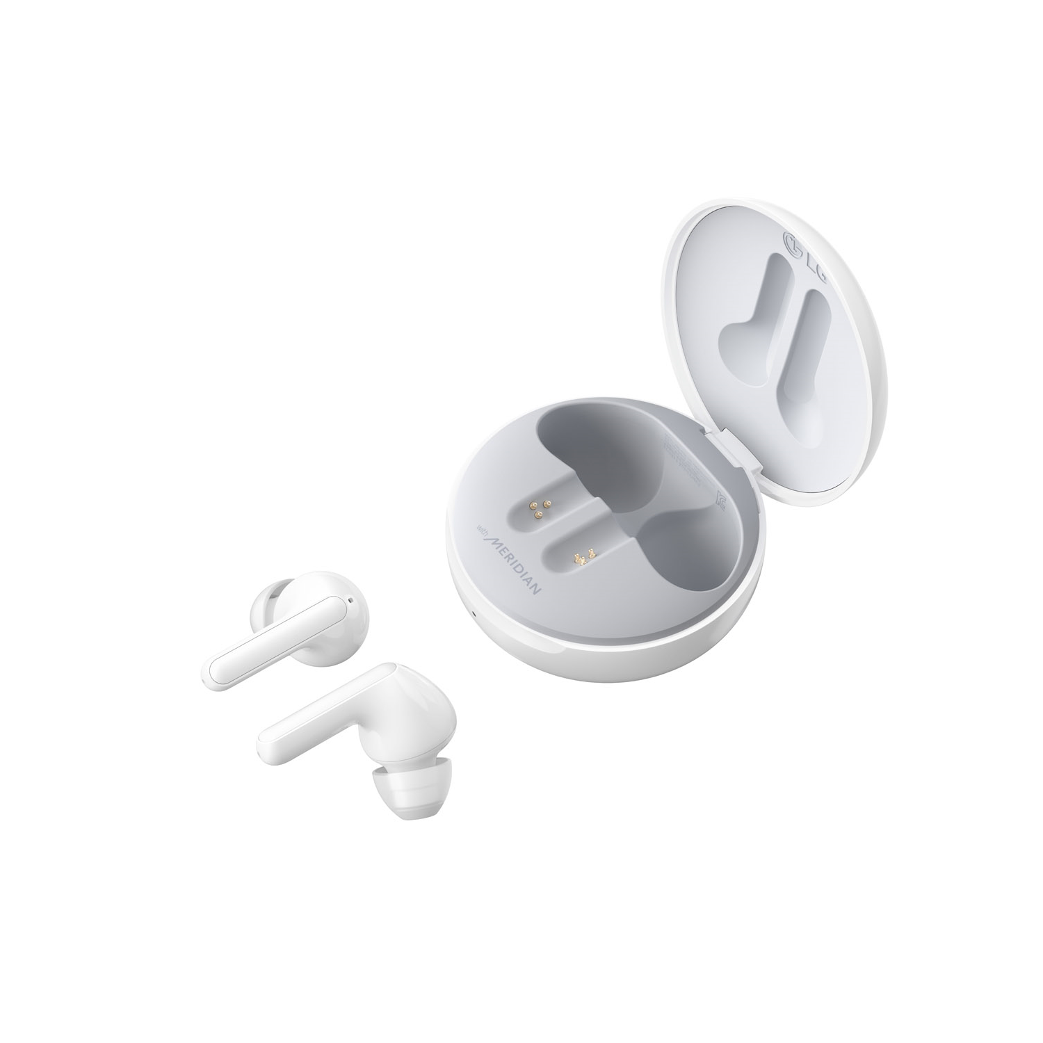 Auriculares blancos con un estuche de carga blanco.
