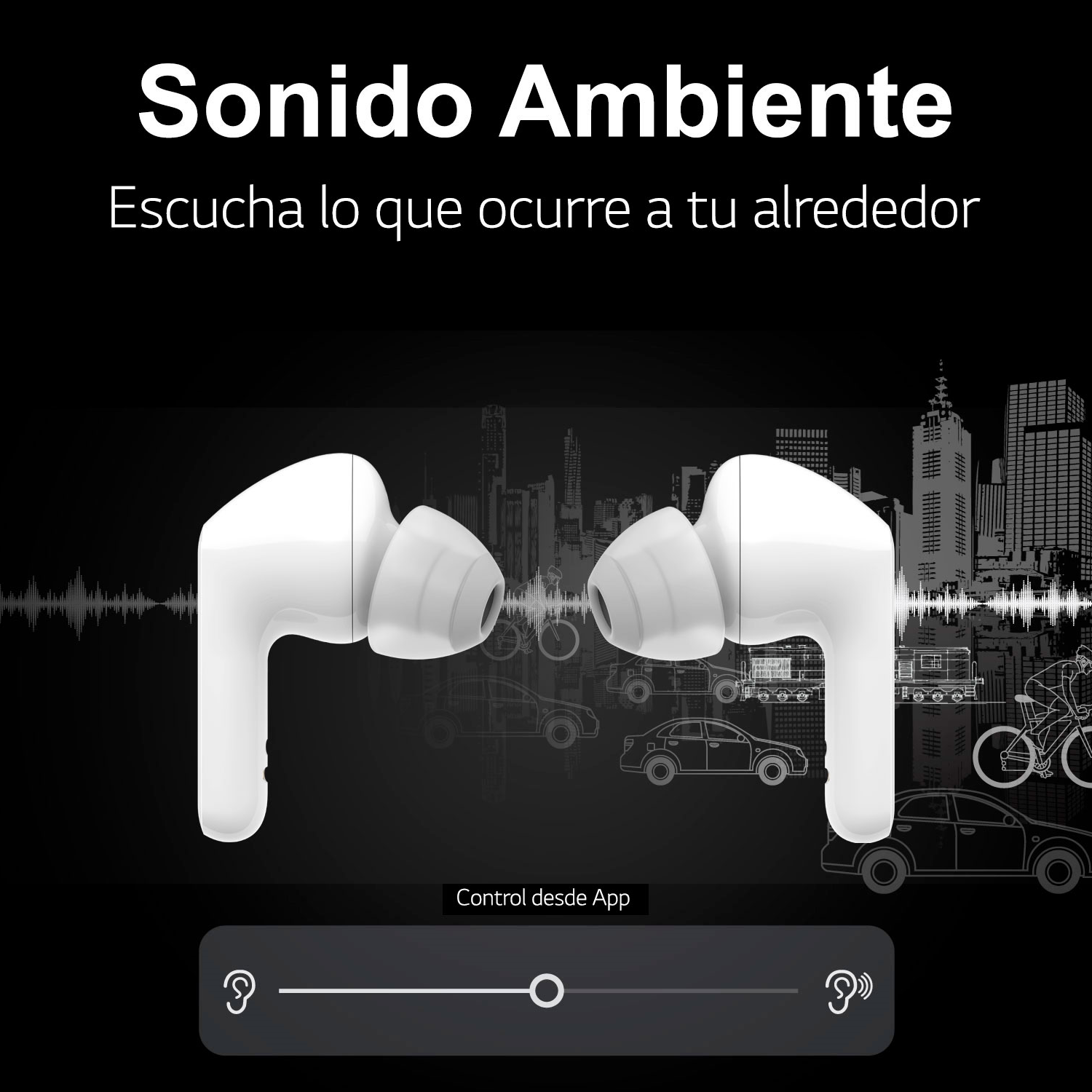 Auriculares inalámbricos blancos con texto y un gráfico de ondas sonoras.