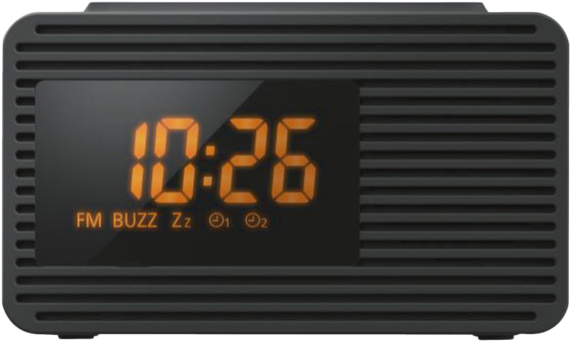 Fekete digitális ébresztőóra narancssárga kijelzővel, ami 10:26-ot mutat. A dizájn bordázott.