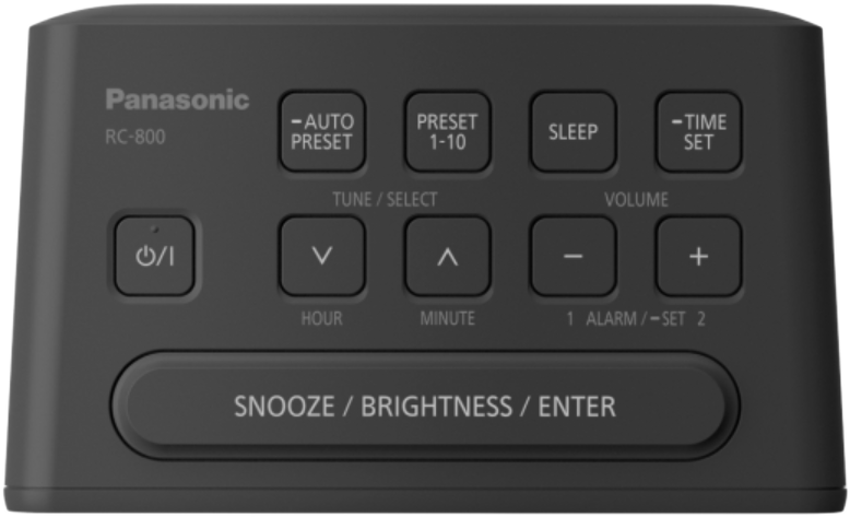 Sötétszürke Panasonic ébresztőóra beállítási és időzítő gombokkal.