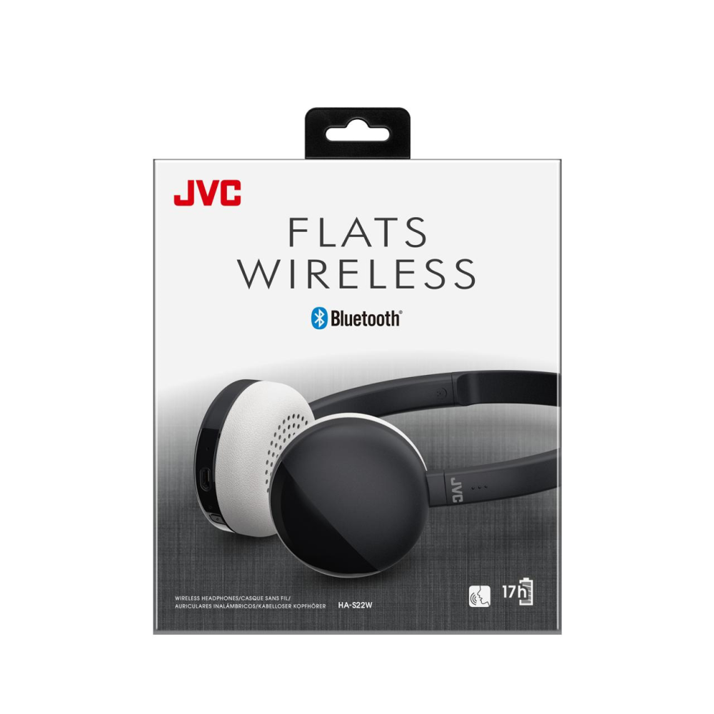 Auriculares en caja con el logotipo de JVC. Los auriculares son blancos y negros.