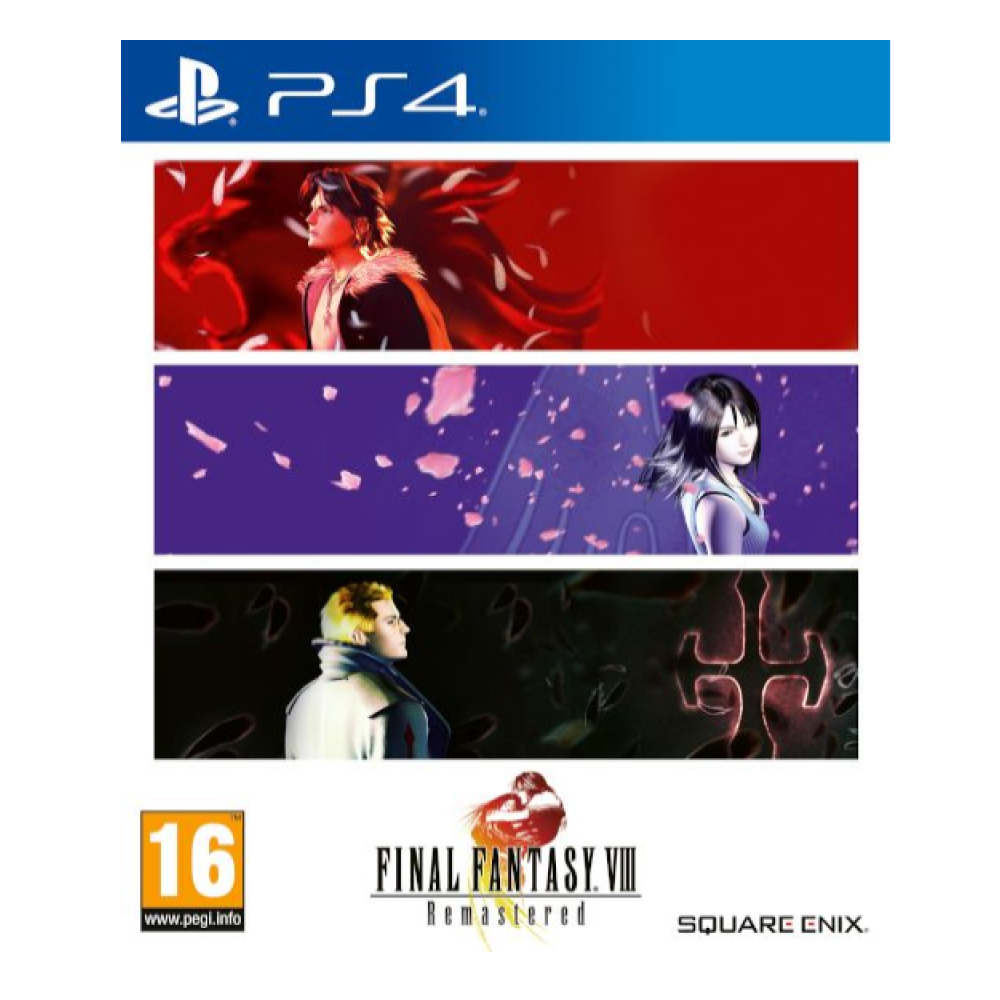 Caja del juego Final Fantasy VIII Remastered PS4 con imágenes de personajes y logo, sobre un fondo blanco.
