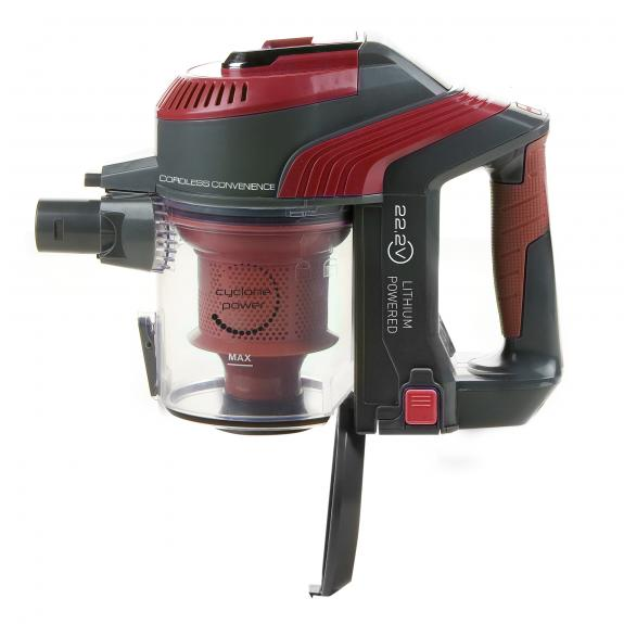 Aspirateur sans fil rouge et noir avec un bac à poussière transparent et les mots 'cordless convenience'.