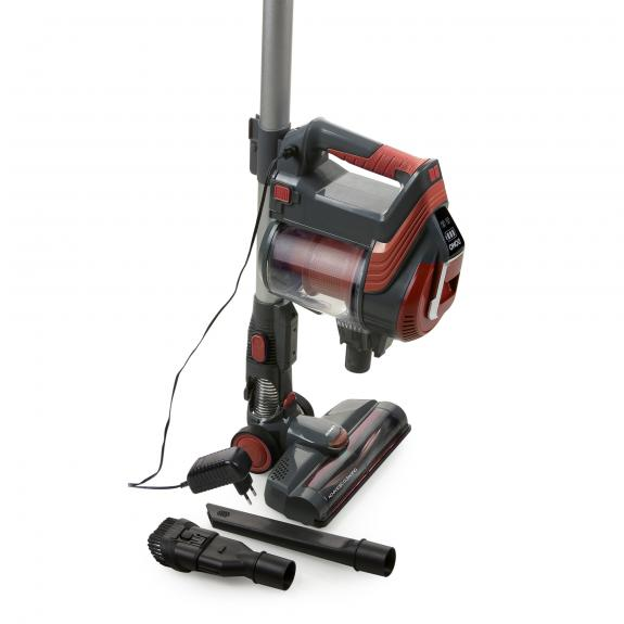 Aspirateur sans fil Shark avec accessoires. Couleurs rouge et grise. Fond blanc.