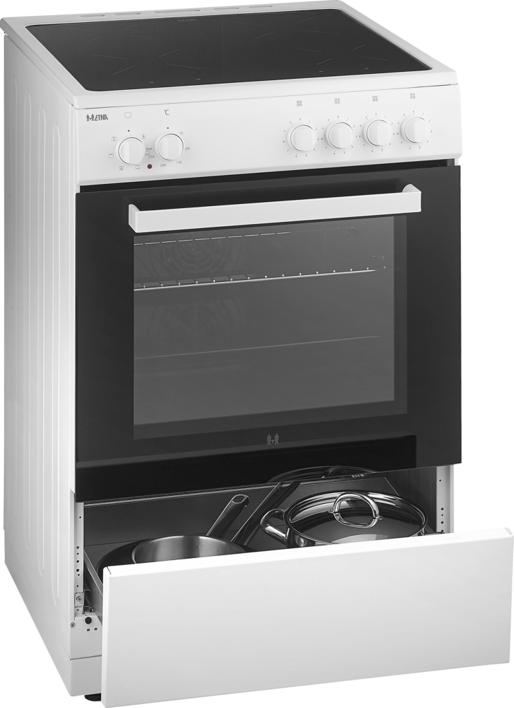 White electric oven with a black glass door, a drawer, and a black cooktop.