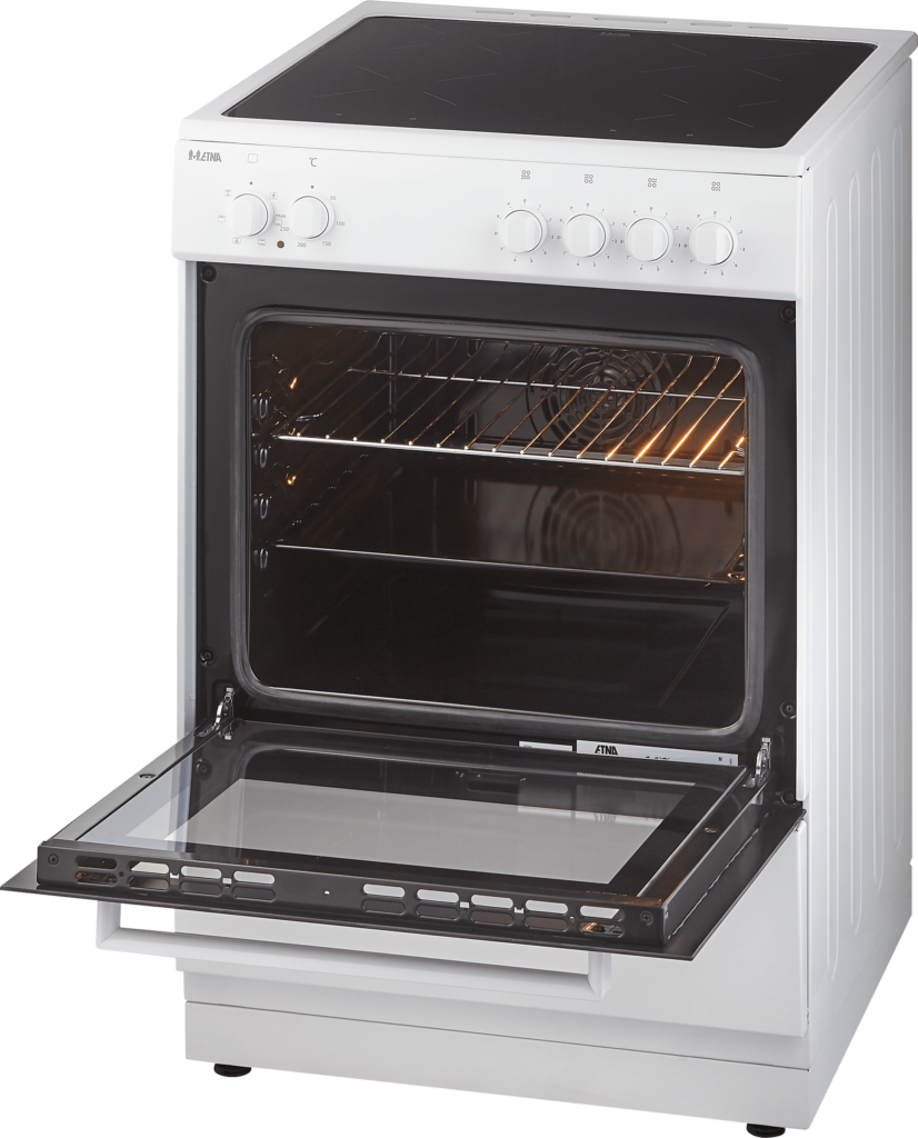 A white oven with the door open. Inside, there are shelves. The burners are black.