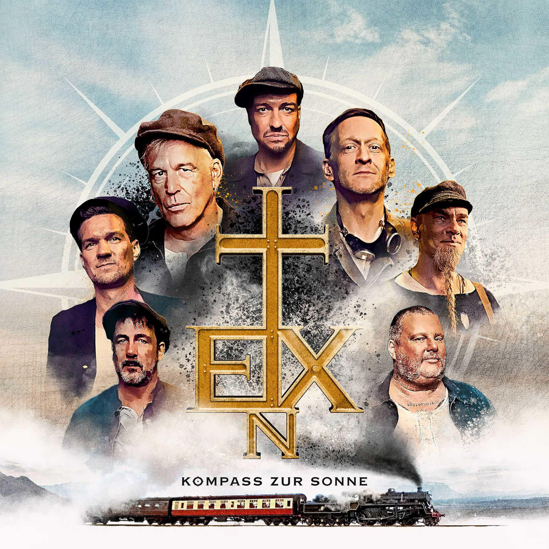 Albumcover: Männergruppe, Logo, Zug, Kreuz, Sonne.
