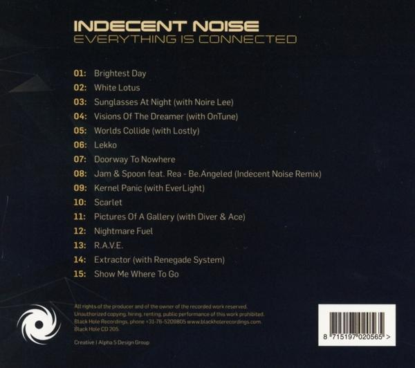 Rückseite des CD-Albums 'Indecent Noise - Everything Is Connected'. Trackliste und Logo sichtbar.