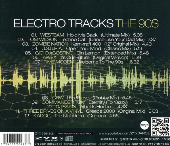 Albumcover von 'Electro Tracks The 90s' mit Titelliste und grafischem Equalizer-Design.