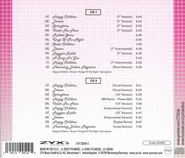 CD-Album mit Titelliste und Timings. Rosa Hintergrund. ZYX Music Logo unten. CD 1 und CD 2 Abschnitte.