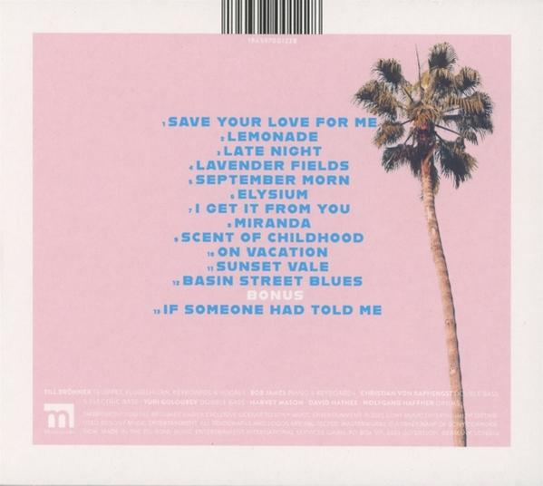 CD-Hülle mit rosa Hintergrund, Songtiteln und einer Palmen-Illustration.