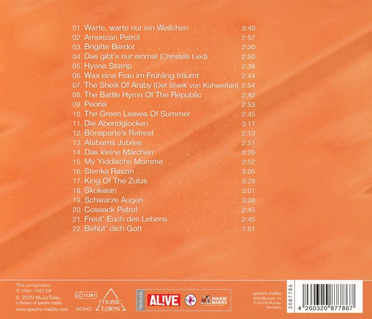 CD mit einer Liste von Songs und Text, mit weißem Hintergrund und einem Barcode.