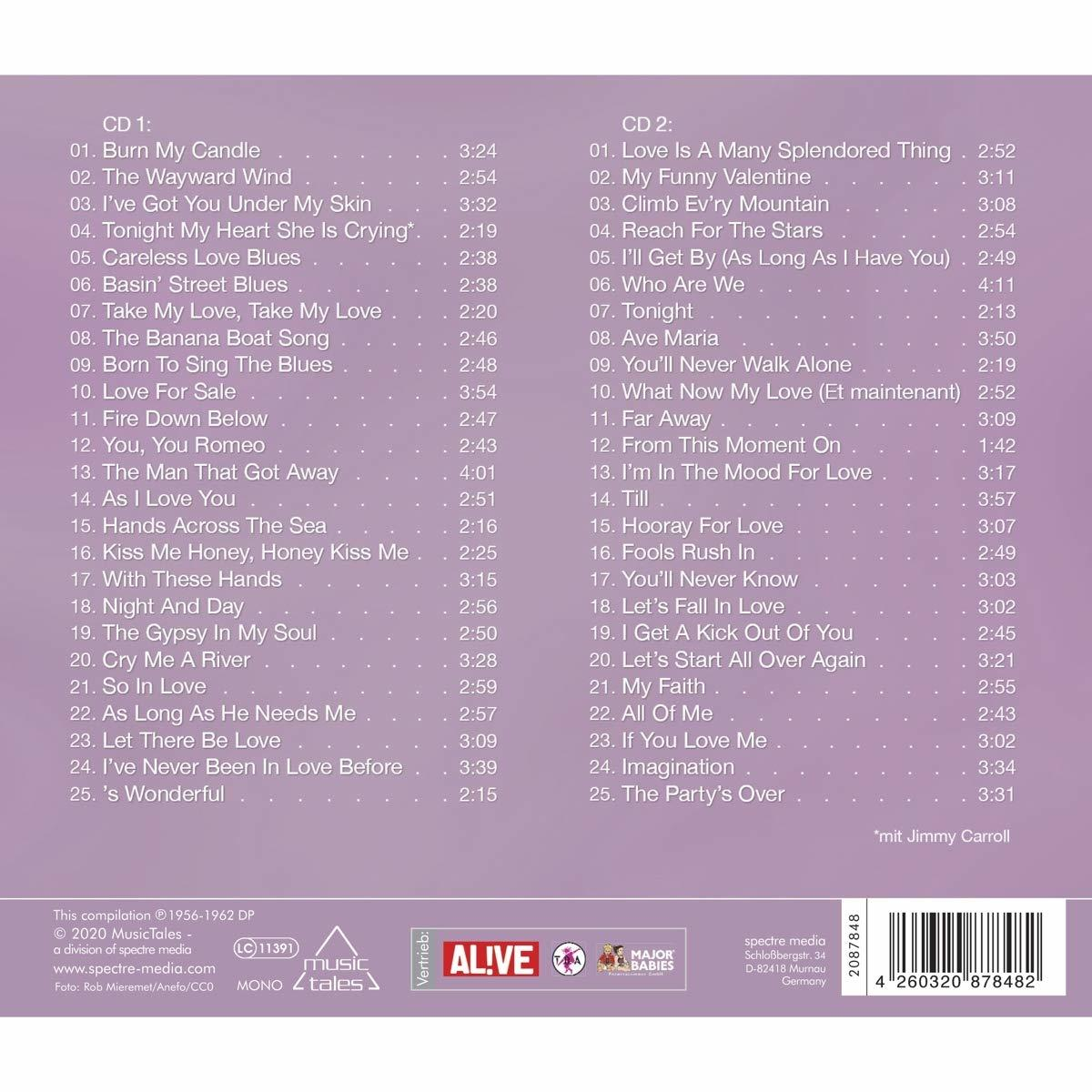 Album-Trackliste verschiedener Songs auf weißem Hintergrund, mit Logos und Copyright-Informationen.