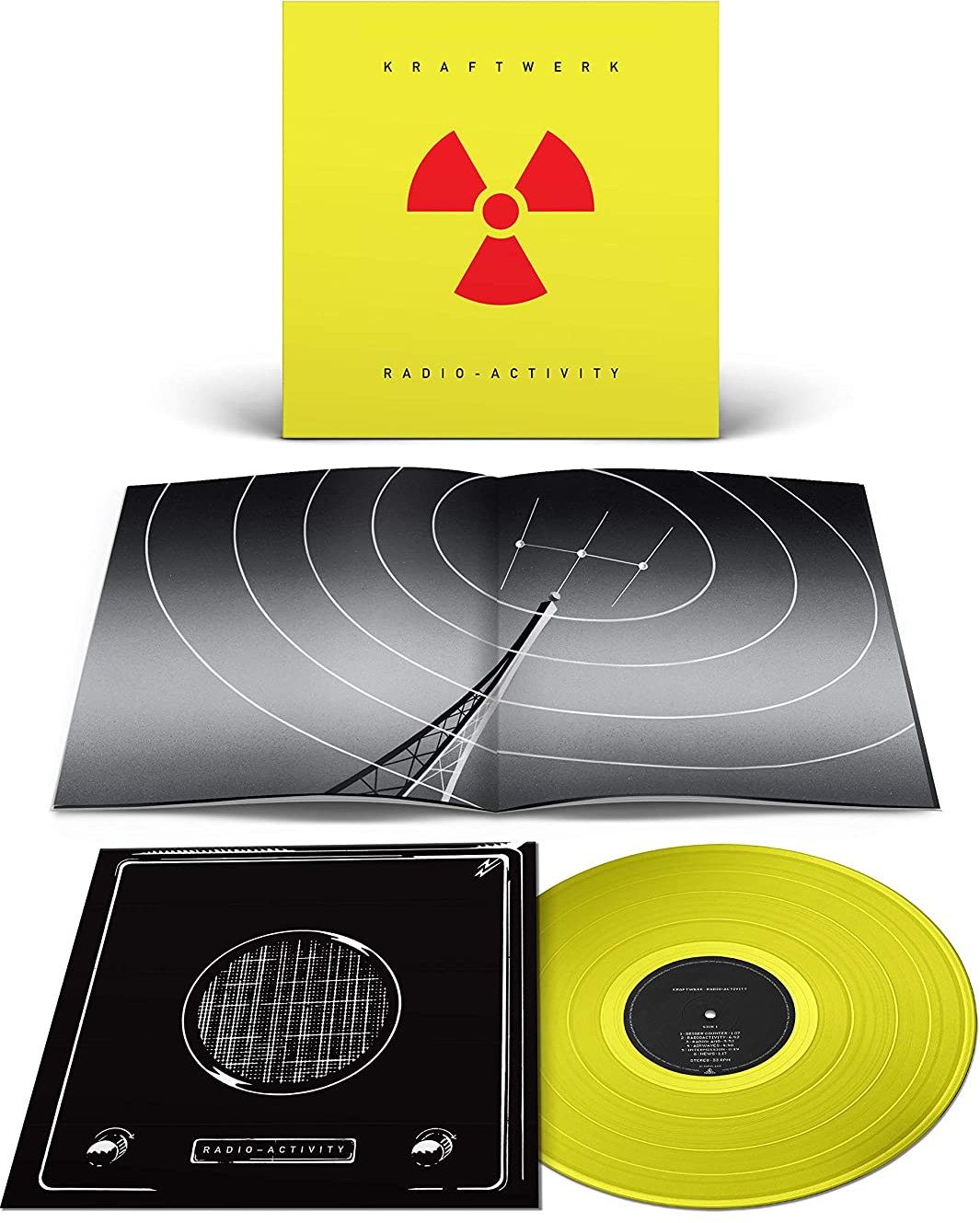 Kraftwerk album: sárga borító piros szimbólummal, belső és sárga vinyl.